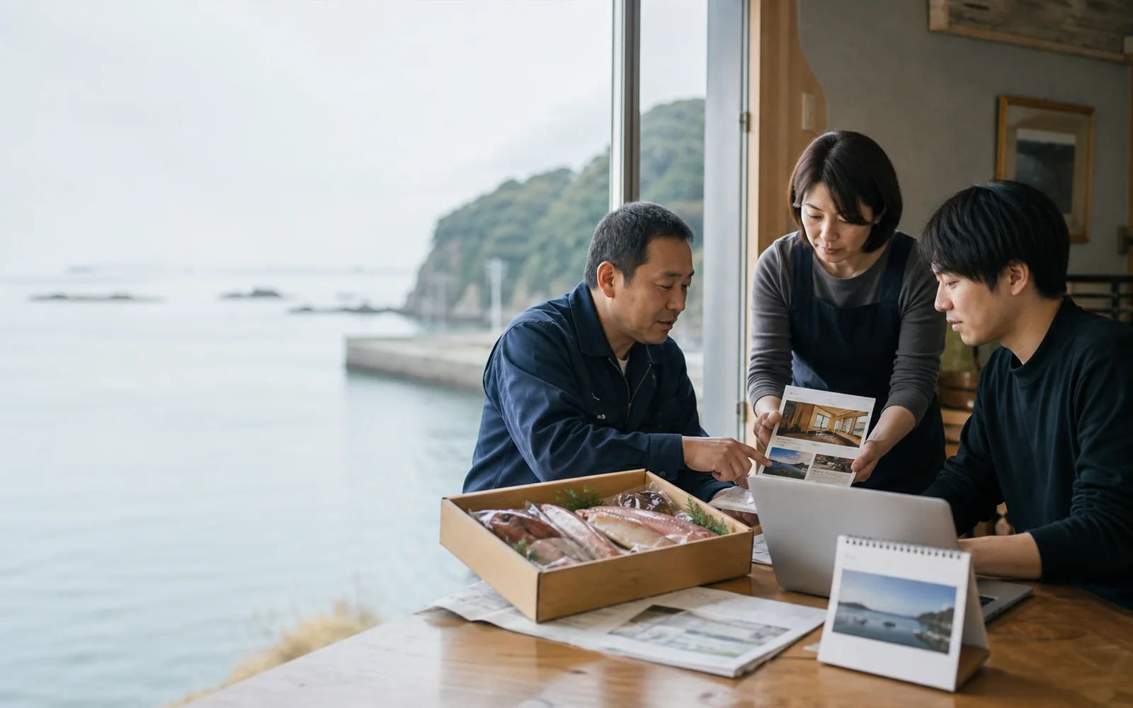 水産商品、店舗案内、予約画面を前に、串本町の事業者と変わる情報の伝え方を相談する様子