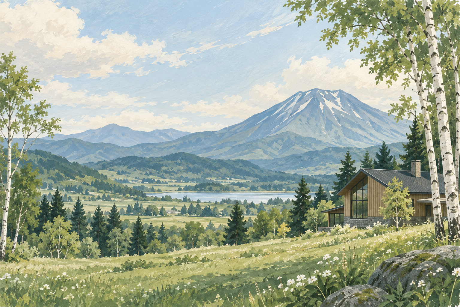 倶知安町の雰囲気をイメージした、山並みと木々、宿泊施設風の建物のイラスト