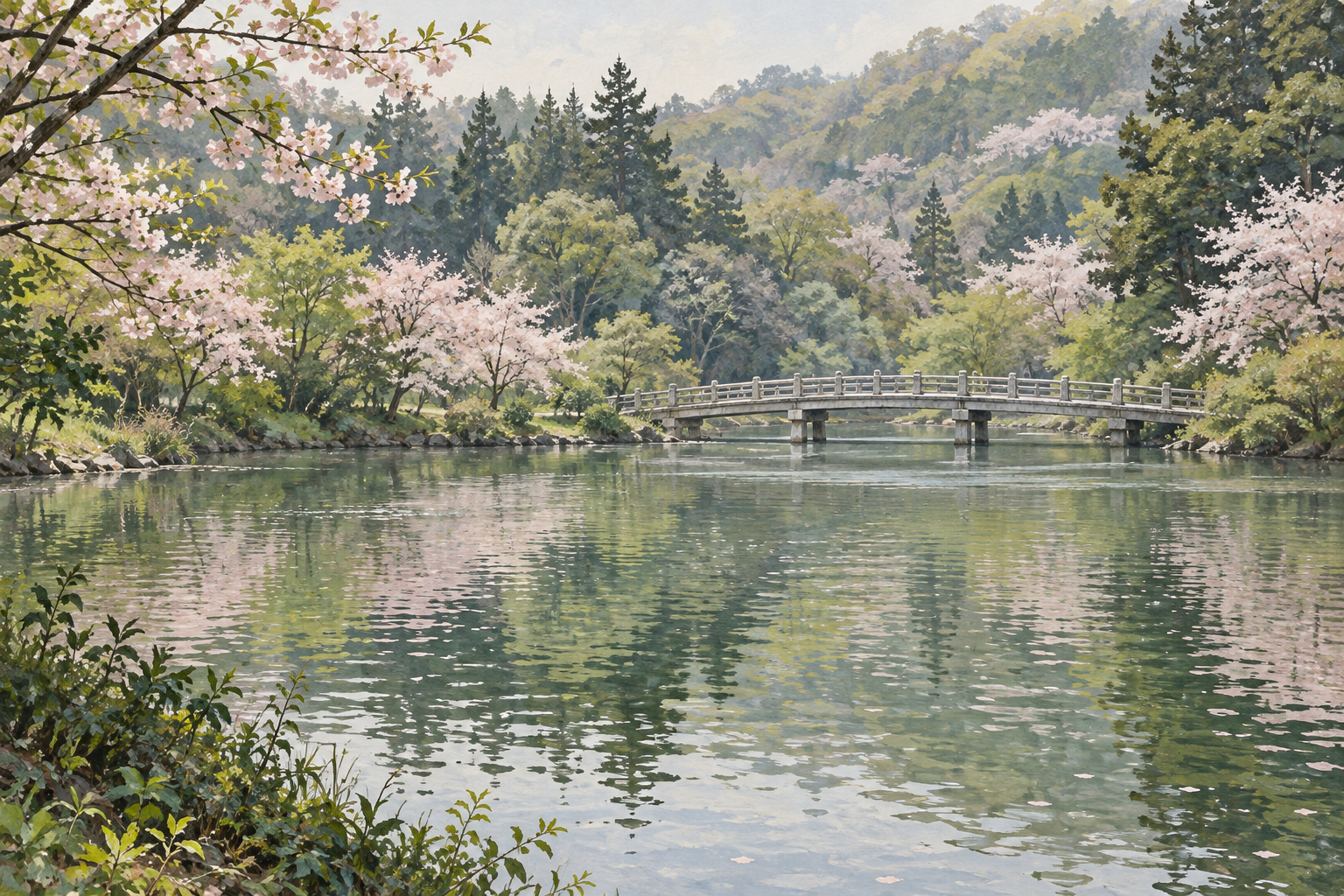 町田市の薬師池公園をモチーフに、池の水面と穏やかに湾曲する橋、木々と淡い桜を描いた創作イラスト。正確な施設配置や現在の開花状況を示す写真ではありません