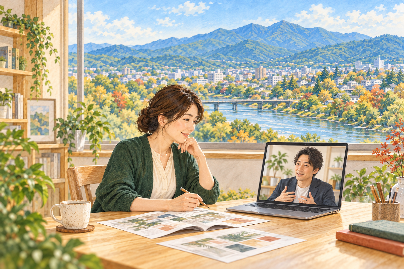前橋らしい川沿いの町並みと山並みを背景に、女性の事業者が資料とパソコンでWeb相談する創作イラスト。実在の人物・事業所や特定の場所の実景、Bämの拠点ではありません。