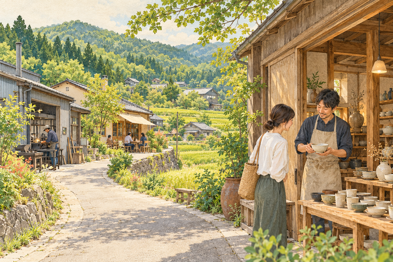 益子町の里山と田畑、器を作る工房や身近な仕事をイメージした創作イラスト。実在の新興鉄骨工業、小峰窯、陶庫の実景や作家作品、Bämの拠点ではありません。
