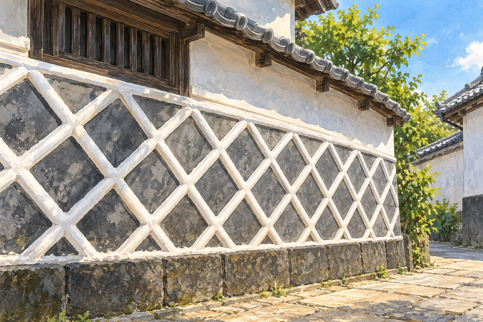 松崎町公式のなまこ壁通りの写真をモチーフに、灰色の面と白い斜めの目地、瓦屋根と木の窓、石畳を別構図で描いた創作イラスト。特定の建物や工法、現在の保存や通行の状態を示す写真ではありません