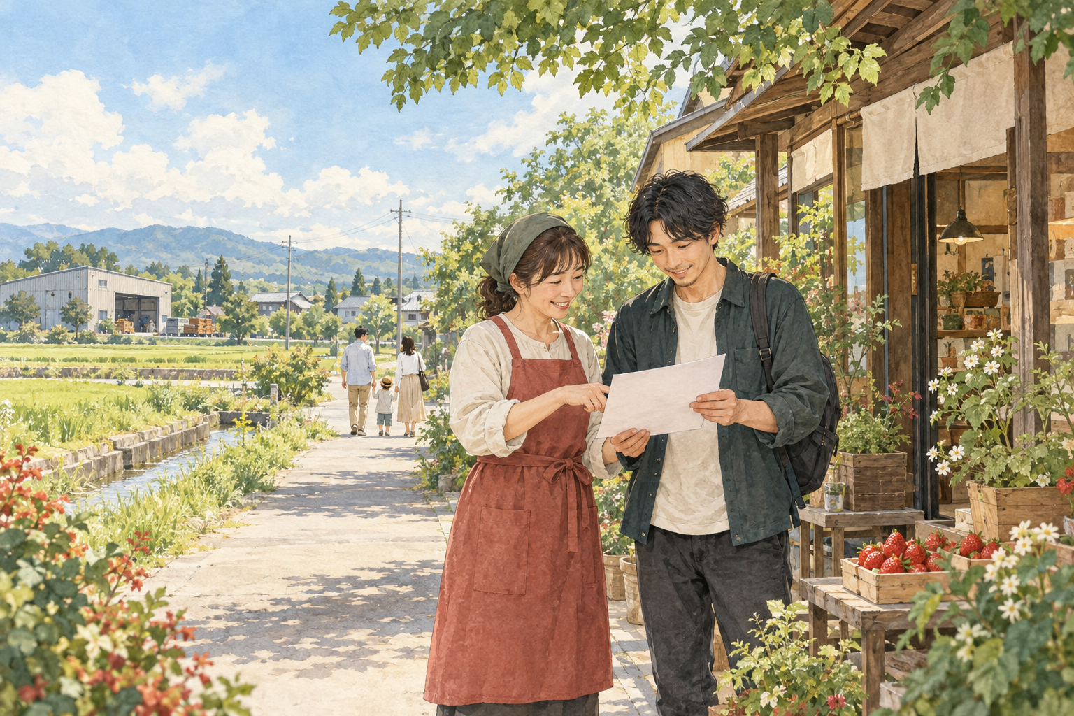 木陰のお店の前で、店主と制作者が資料を見ながら相談するイラスト