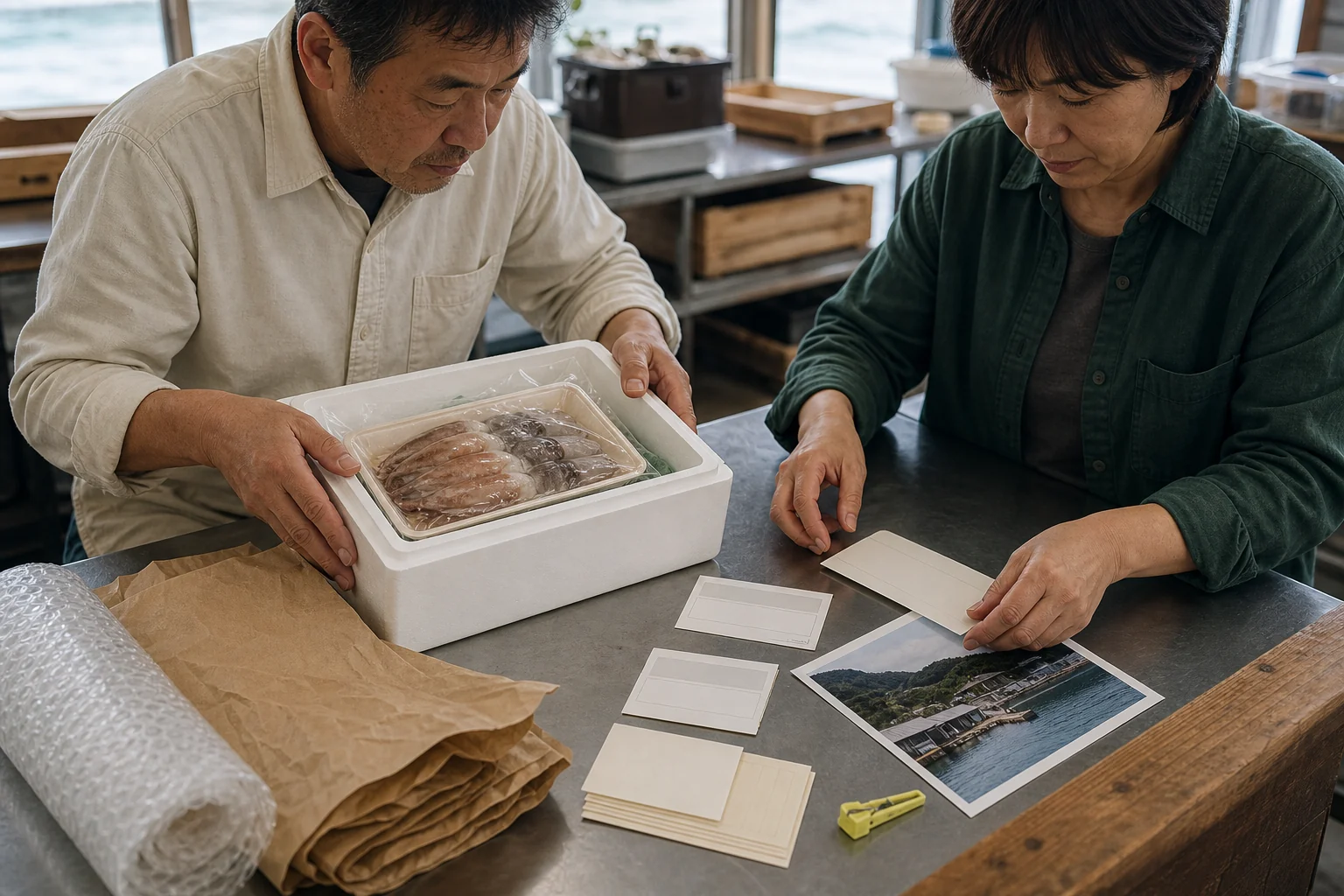 商品、発送、予約、営業の資料を机に広げて掲載内容を整理する様子