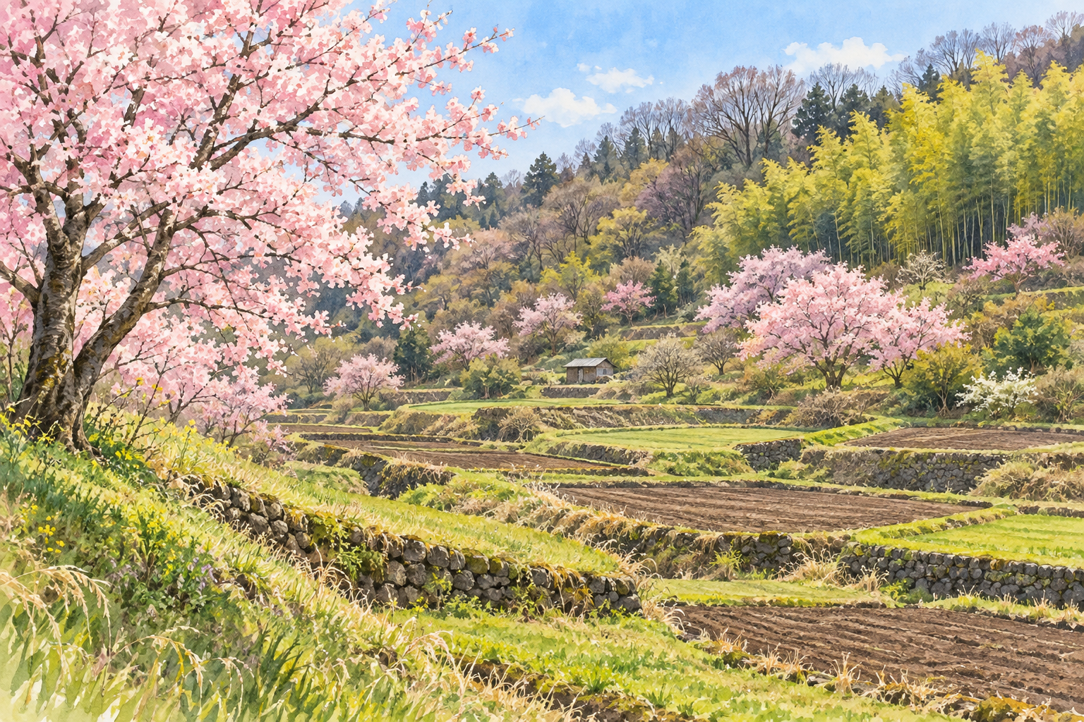 南足柄市の大雄町花咲く里山をモチーフに、春の花木と段々の田畑、竹林、里山の斜面を描いた創作イラスト。現在の開花や農作業、正確な地形・立入状況を示す写真ではありません