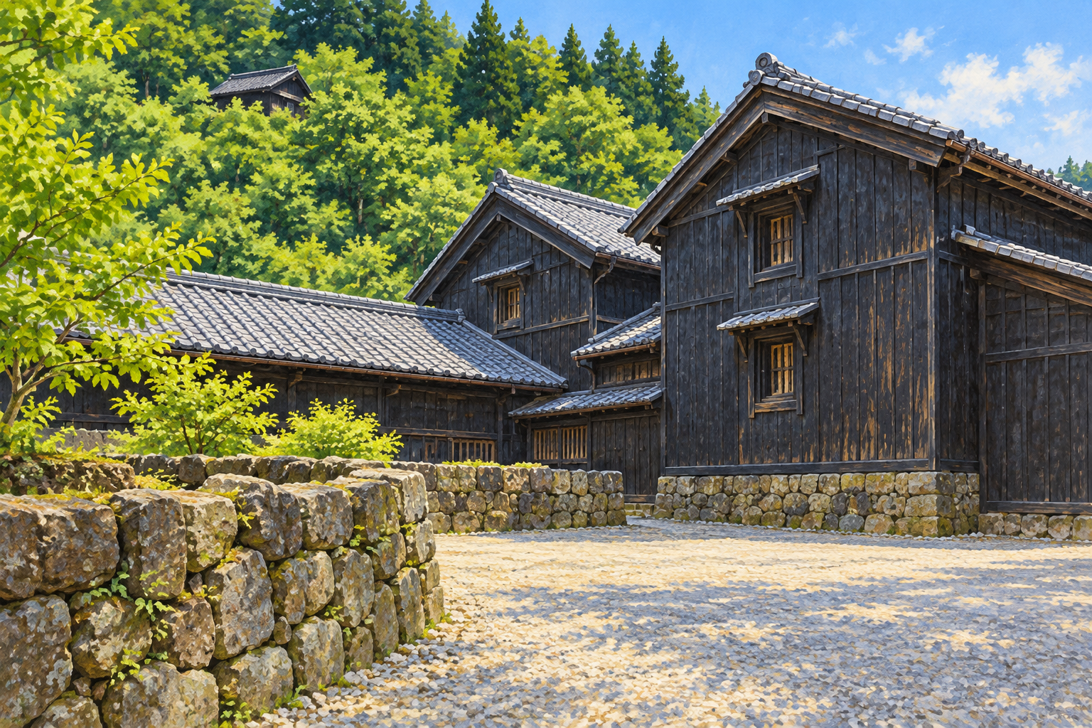 南越前町観光連盟の右近家外観写真をモチーフに、黒い板壁と灰色の瓦屋根の建物、石垣と背後の緑の山を描く創作イラスト。建物や敷地・植栽の形と配置は創作と簡略化を含み、現在の施設・利用状況を示す写真ではありません