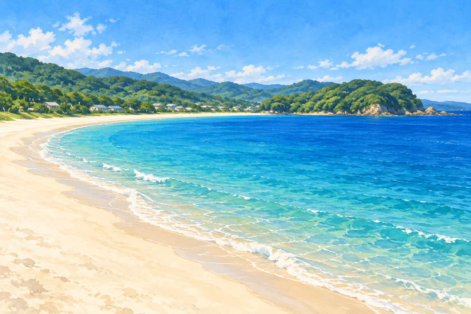 伊豆半島ジオパーク公式の弓ヶ浜の写真をモチーフに、弧を描く淡い砂浜と青い海、低い緑の岬や小さな屋根を別構図で描いた創作イラスト。正確な海岸や道路、現在の海況や通行の状態を示す写真ではありません