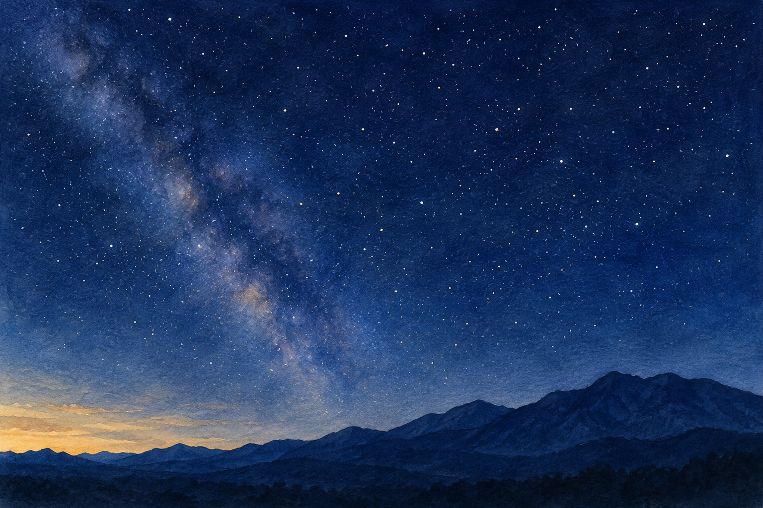 長野県の野辺山高原の星景写真で紹介された景観をモチーフに、暗い山並みと広い星空を別構図で描いた創作イラスト。山や星の形・配置は創作と簡略化を含み、正確な星座図や地点、現在の星の見え方・天候や夜間の安全を示す写真ではありません