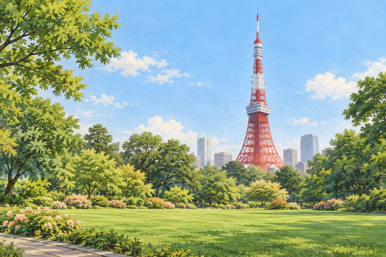 東京都港区・芝公園の緑と東京タワーをモチーフに、芝生や木々の奥に赤白の塔を描いた創作イラスト