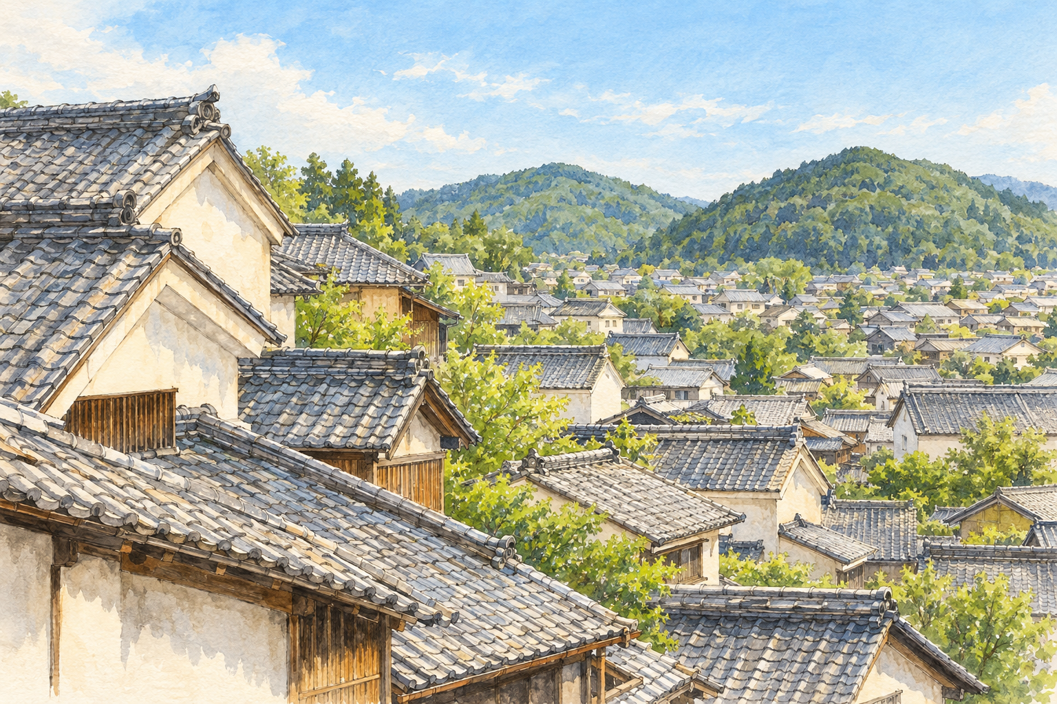 美濃市公式の町並みを見渡す写真の灰色の屋根と緑の低い山をモチーフに、斜めに重なる瓦屋根と右奥の山並みを別構図で描いた創作イラスト