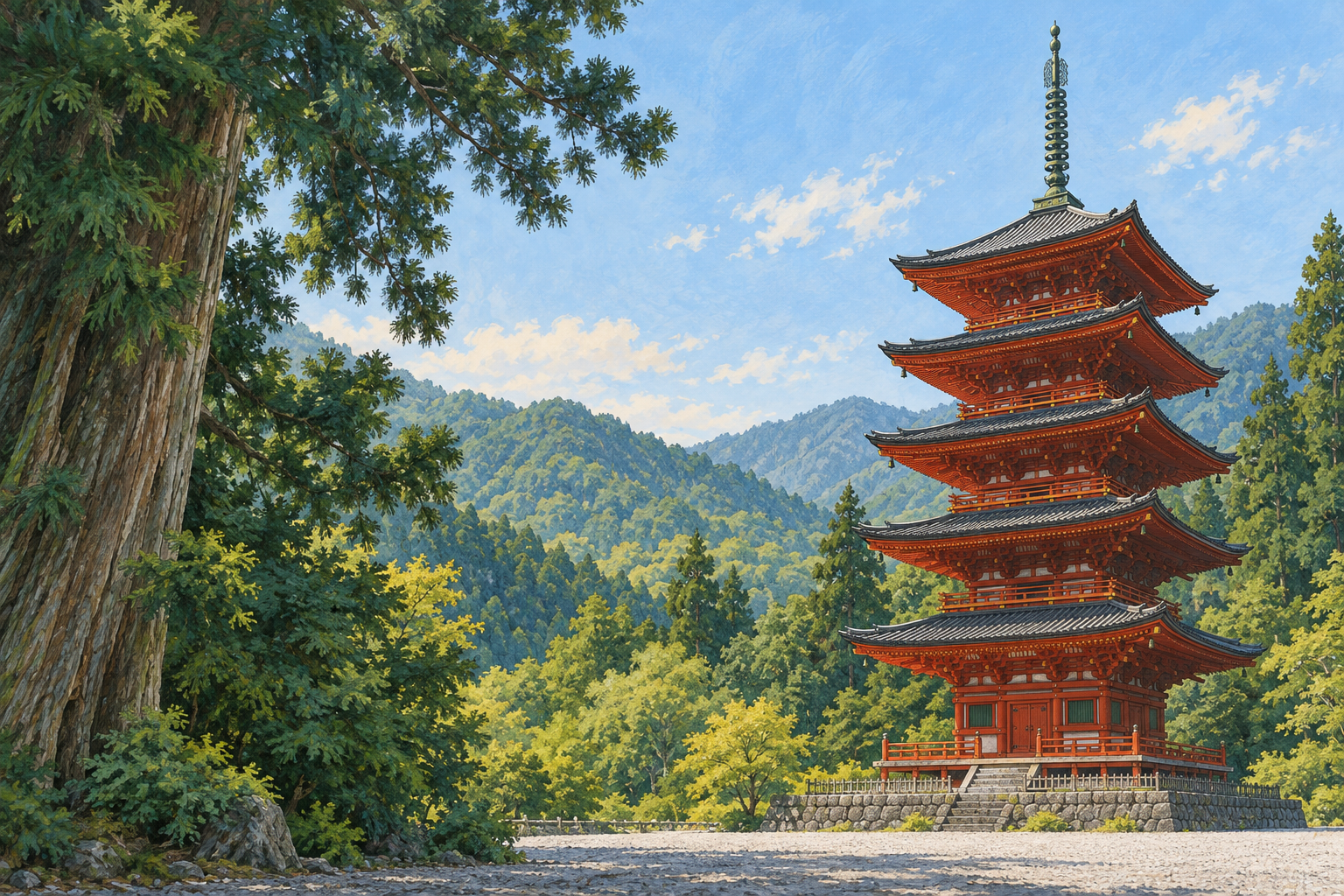 身延山久遠寺の公式写真をモチーフに、森を背景とする朱色の五重塔と暗い瓦屋根、手前の木陰を別の構図で描く創作イラスト。建物の細部や位置関係は創作と簡略化を含み、正確な地理や現在の参拝・通行状況を示す写真ではありません