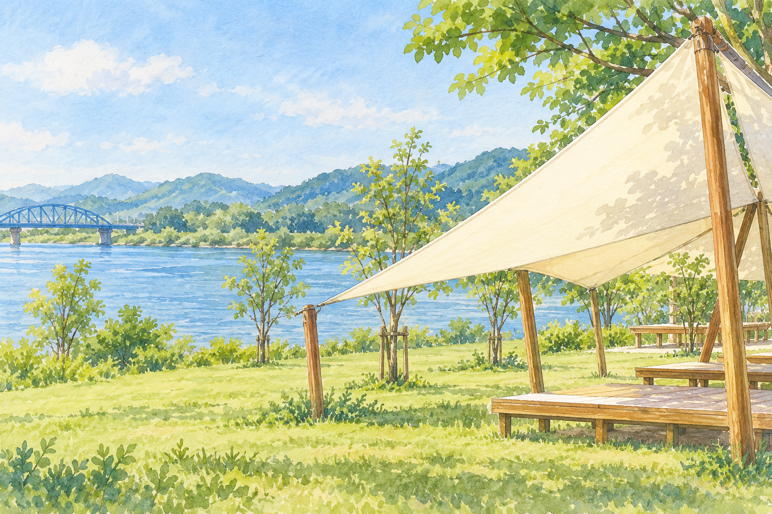 美濃加茂市公式のリバーポートパークの写真の白い屋根と芝生、青い川をモチーフに、右近くの白い日よけと左の川沿いの緑を別構図で描いた創作イラスト