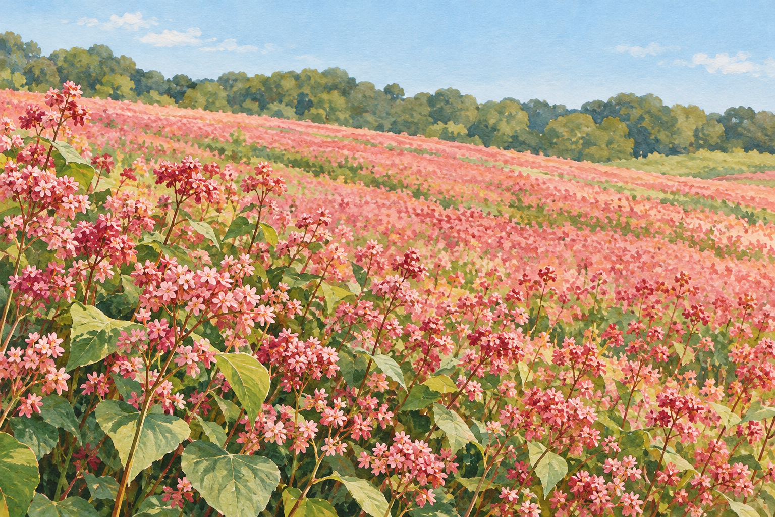 箕輪町の赤そばの景観をモチーフに、桃紅色の花と緑の葉、奥の森を別構図で描いた創作イラスト。花や畑の形と配置は創作と簡略化を含み、品種の同定や正確な畑の位置、現在の開花状況を示す写真ではありません
