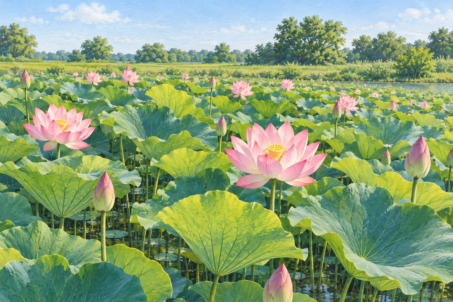 埼玉県美里町の長岡池の景観資料を参考に、桃色の蓮と緑の葉が広がる情景を描いた創作イラスト。実景写真や正確な地形、現在の開花・利用状態を示すものではありません。