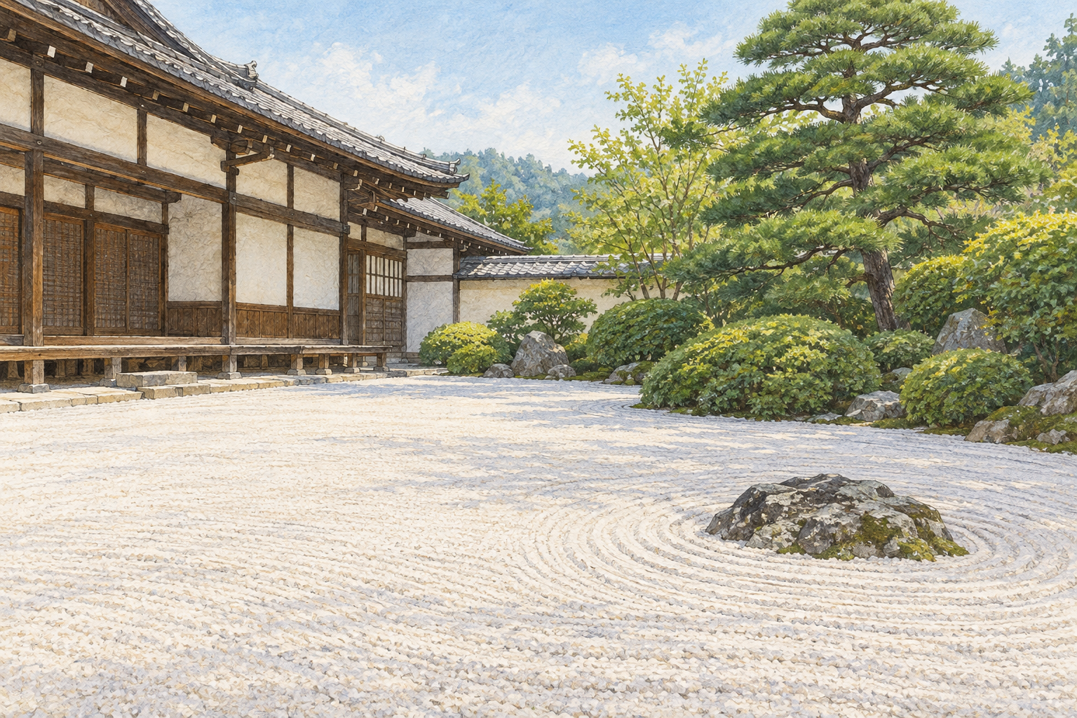岐阜県御嵩町の愚渓寺の庭園をモチーフに、白い砂の波紋と灰色の石、左の木造建物、右の松と緑を描いた創作イラスト