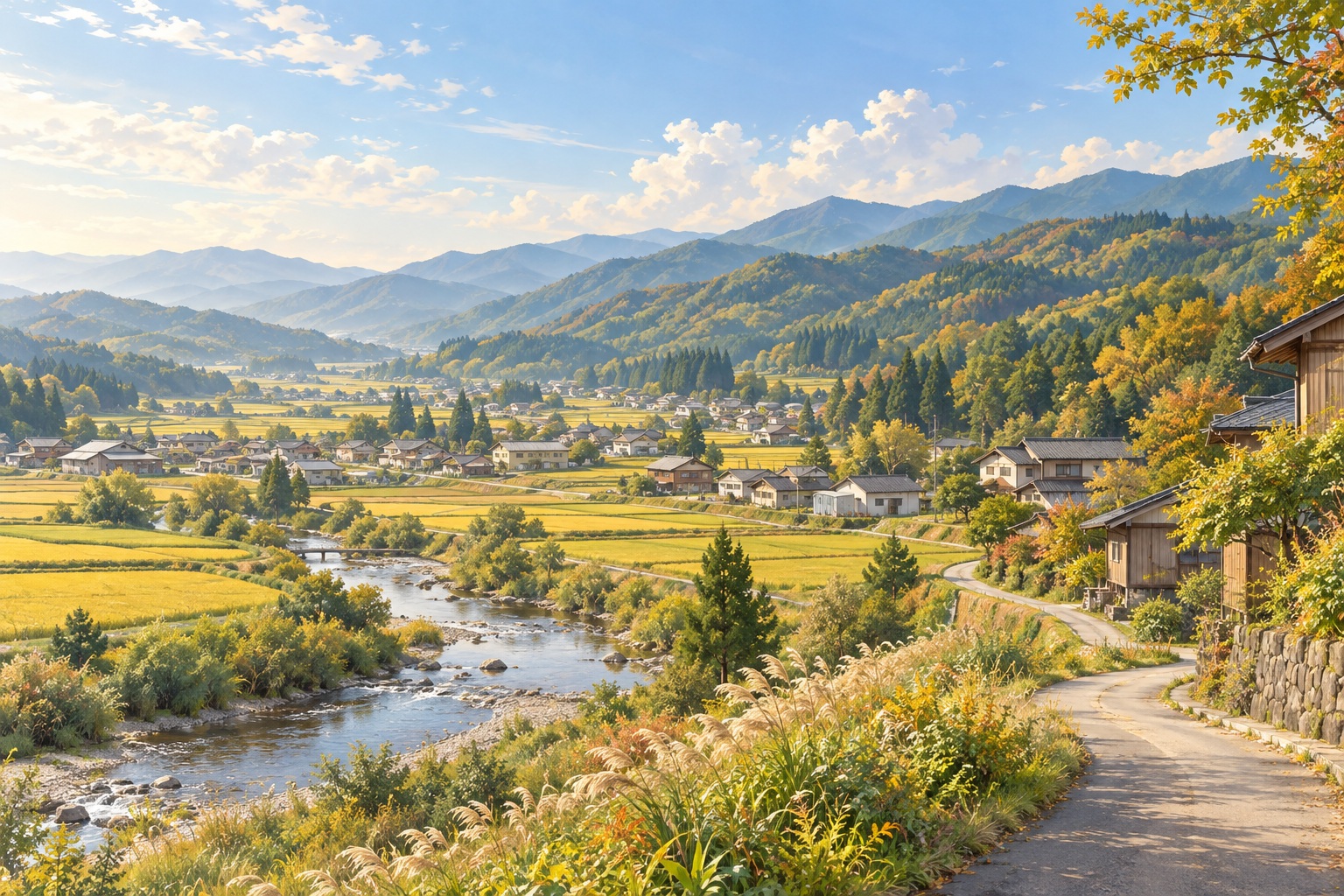 最上町の山あいの田畑、町並みと小川をイメージした創作イラスト。特定地点の実景、実在の企業・施設やBämの拠点を描いたものではありません。