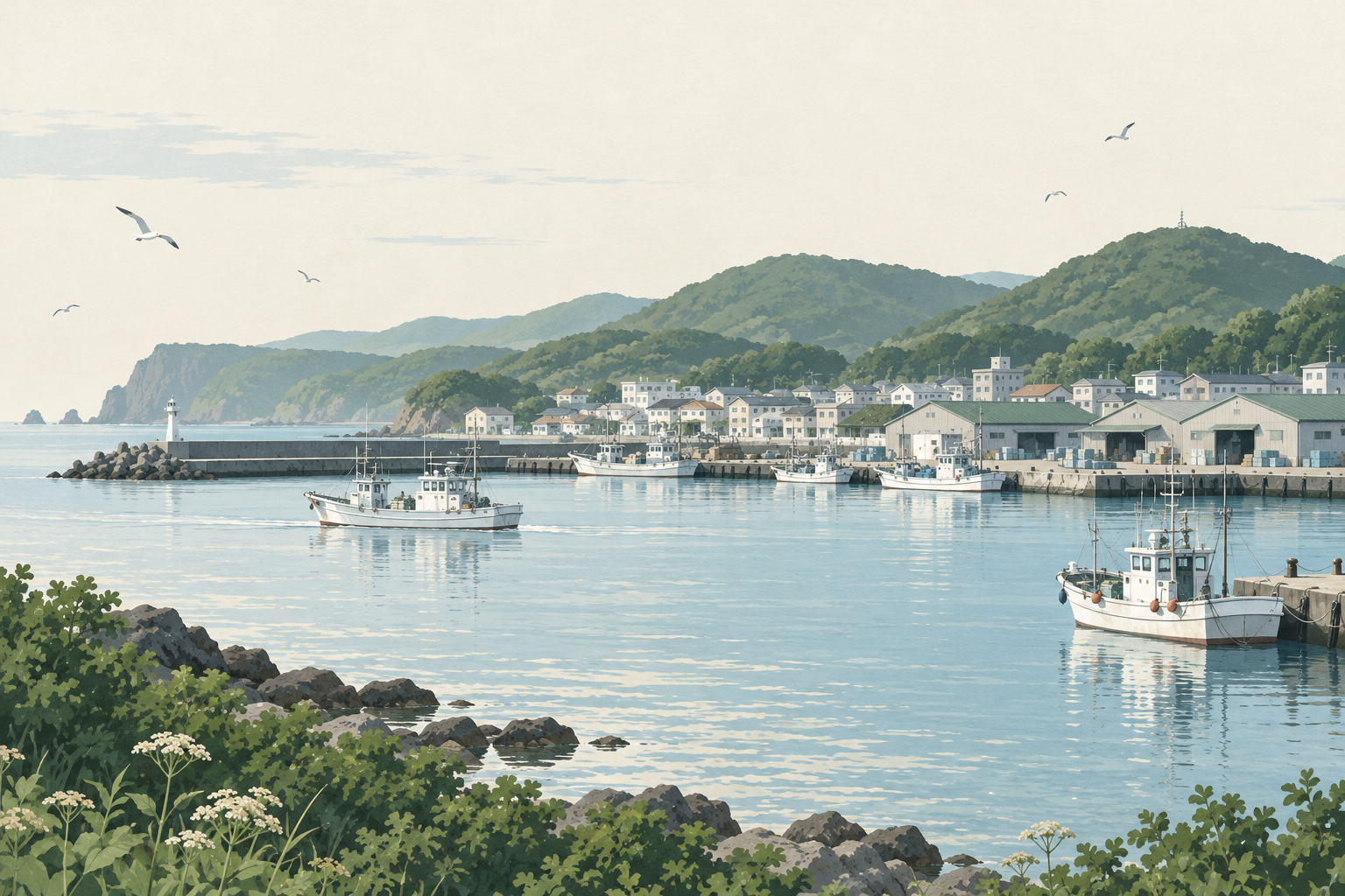 北の港町をイメージした、漁船と海辺の街並みのイラスト