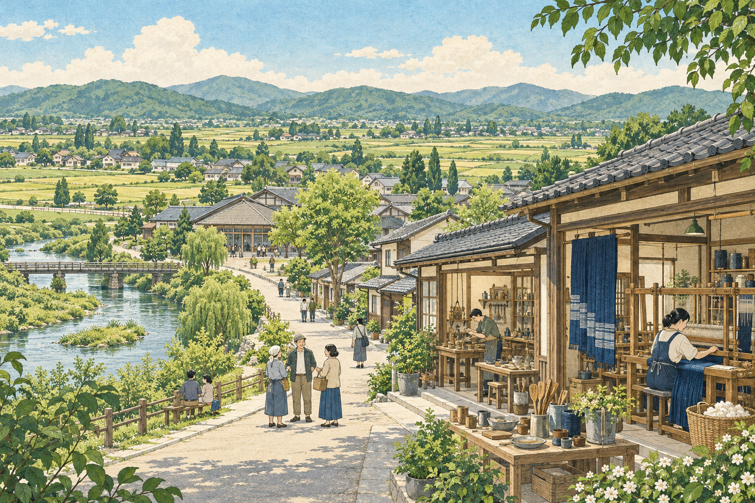 真岡市の平野や川、木綿を織る工房とものづくりの仕事場、人々が行き交う町をイメージした創作イラスト。実在の佐野機工、真岡木綿工房、市の公共施設の実景や、Bämの拠点ではありません。