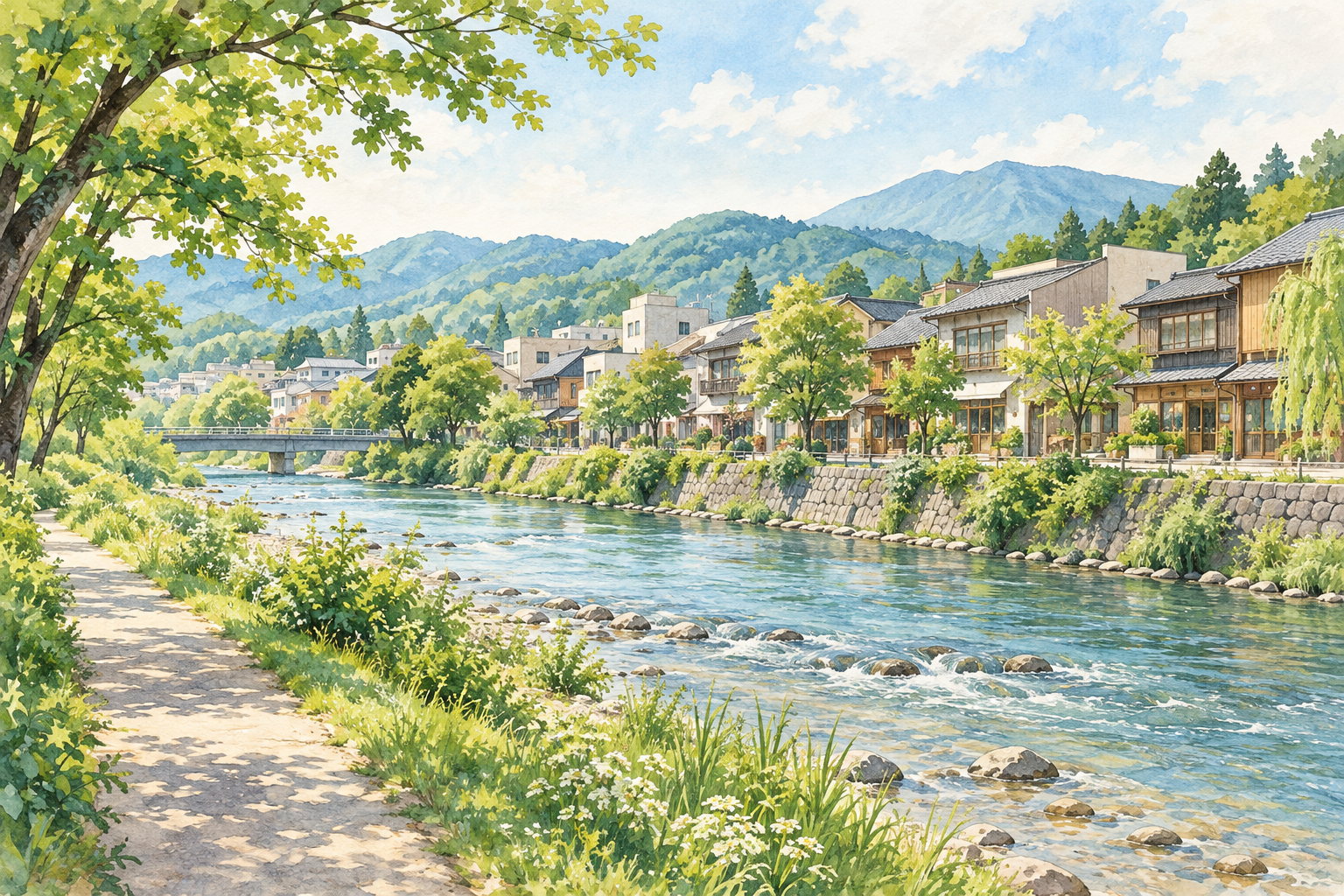 盛岡市の川と街並みをイメージした、工房や店舗の並ぶ架空の風景のイラスト