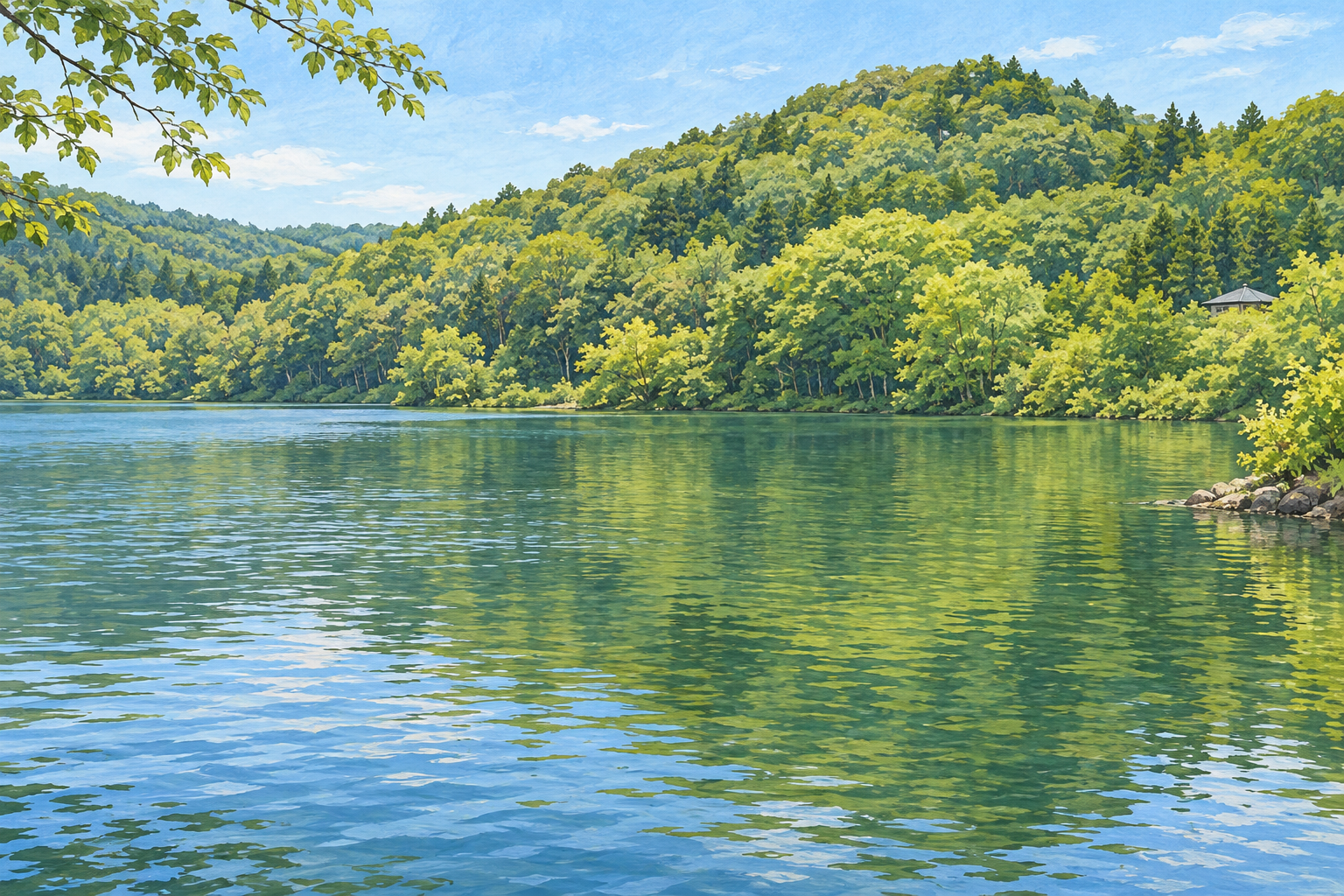 毛呂山町の鎌北湖の景観資料を参考に、緑の丘と静かな湖面を描いた創作イラスト。実景写真や現在の湖畔の状況を示すものではありません。