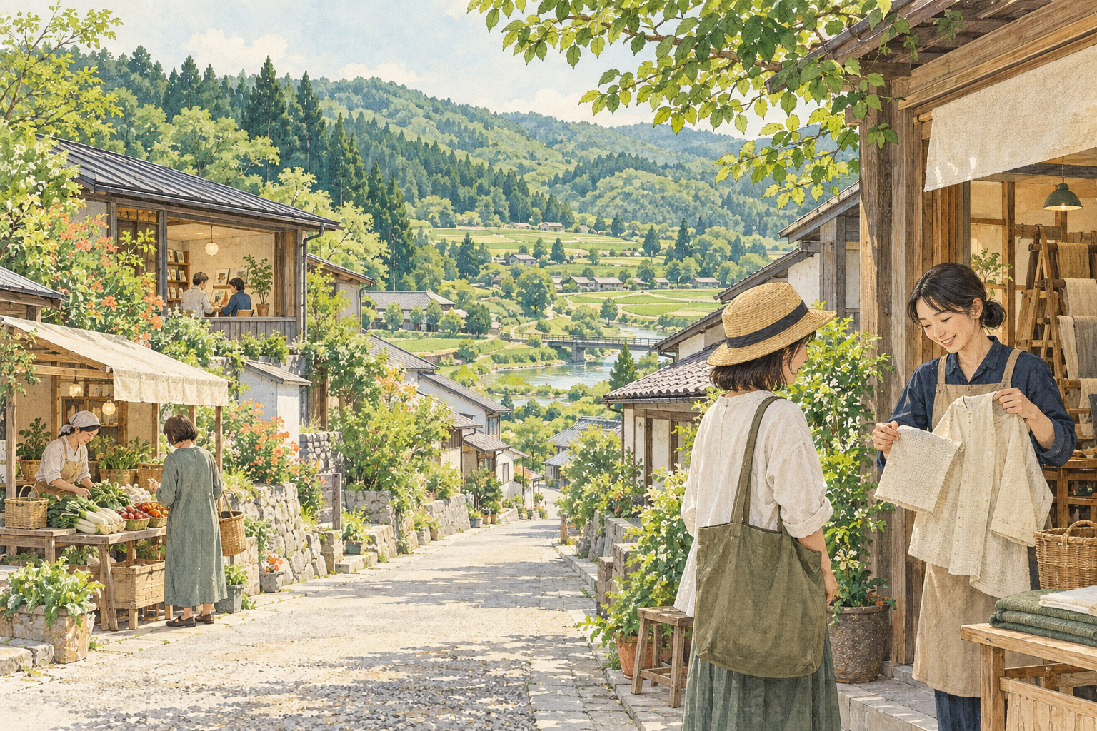 茂木町の里山と田畑、衣服を作る仕事や身近な店、本を読む場所をイメージした創作イラスト。実在のプログレス、道の駅もてぎ、ふみの森もてぎの実景や、Bämの拠点ではありません。