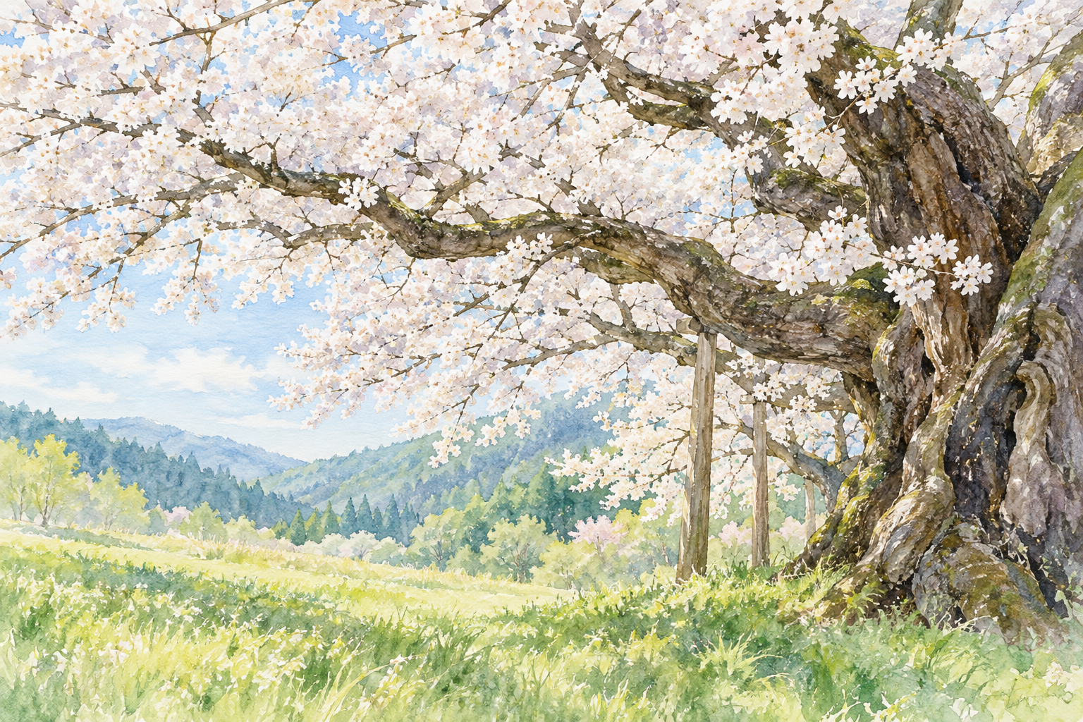 右の古い幹から低く広がる白い桜花と、その下に開く草地と淡い山を描いた、本巣市の淡墨桜をモチーフにした創作イラスト