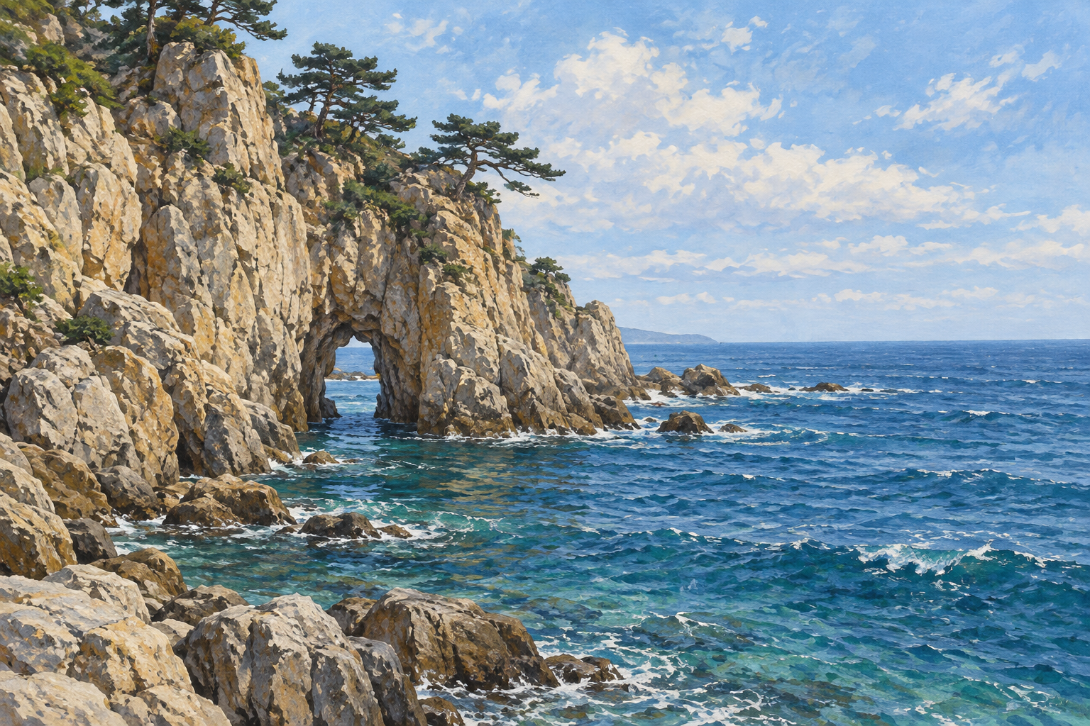 村上市の笹川流れをモチーフに、淡い岩肌と海辺の松、青緑の海を描いた創作イラスト。岩や海食洞、樹木の形と配置は創作・簡略化を含み、現在の地形・天候・海況・通行や安全を示す写真ではありません