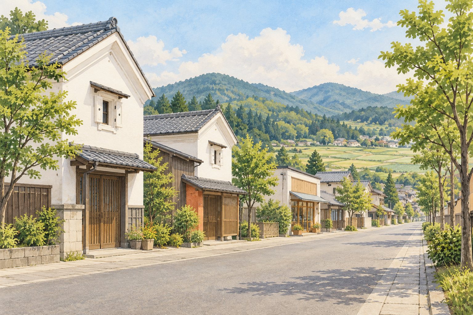 村田をイメージした、白い蔵造り風の建物と日常のお店、家々が並ぶ道、田畑と緑の丘が広がる架空の風景のイラスト
