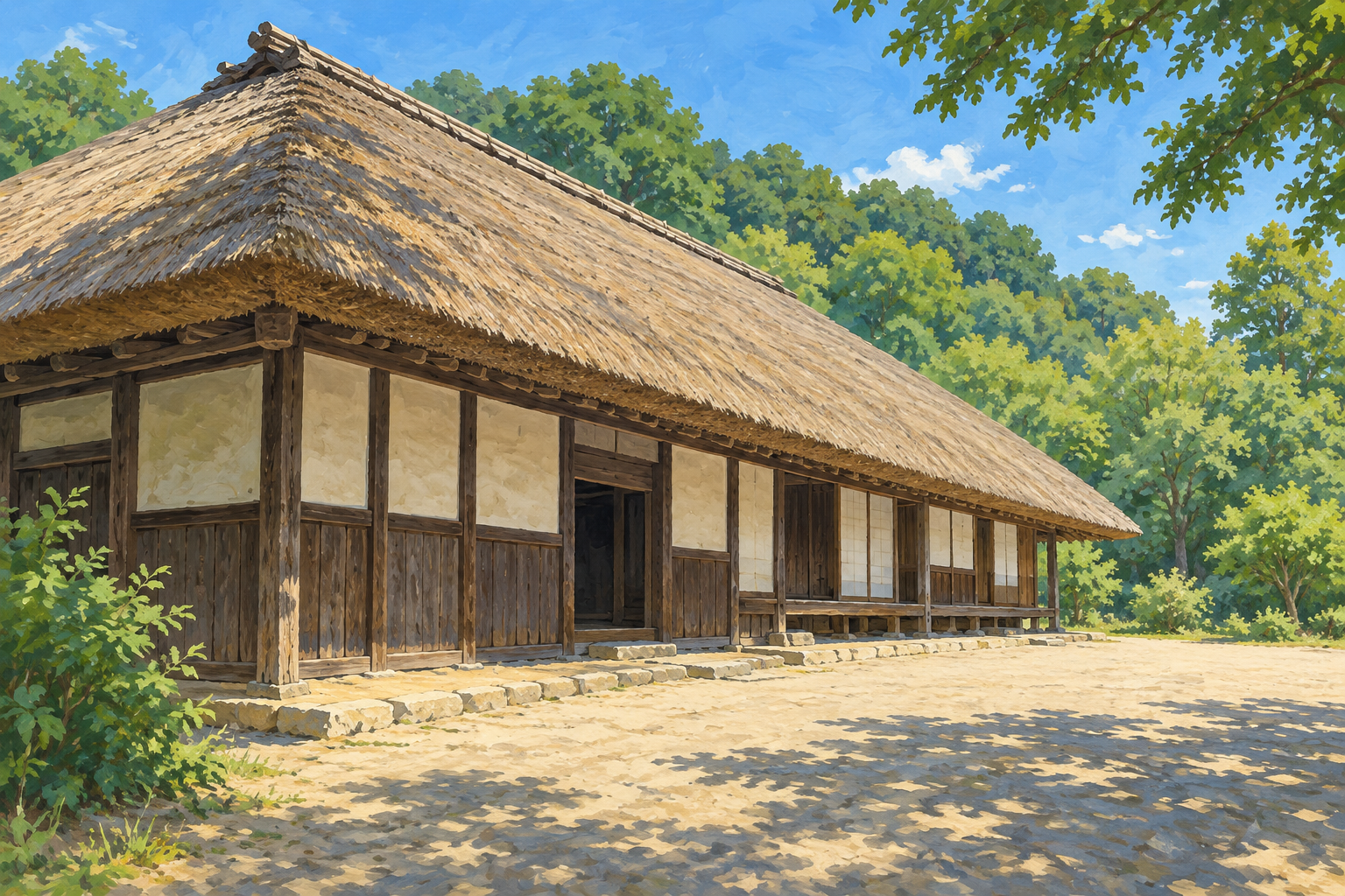 武蔵村山市の都立野山北・六道山公園にある里山民家をモチーフに、茅葺きの母屋と明るい庭、背後の木立を斜めから描いた創作イラスト。建物の正確な寸法や現在の開館状況を示す写真ではありません