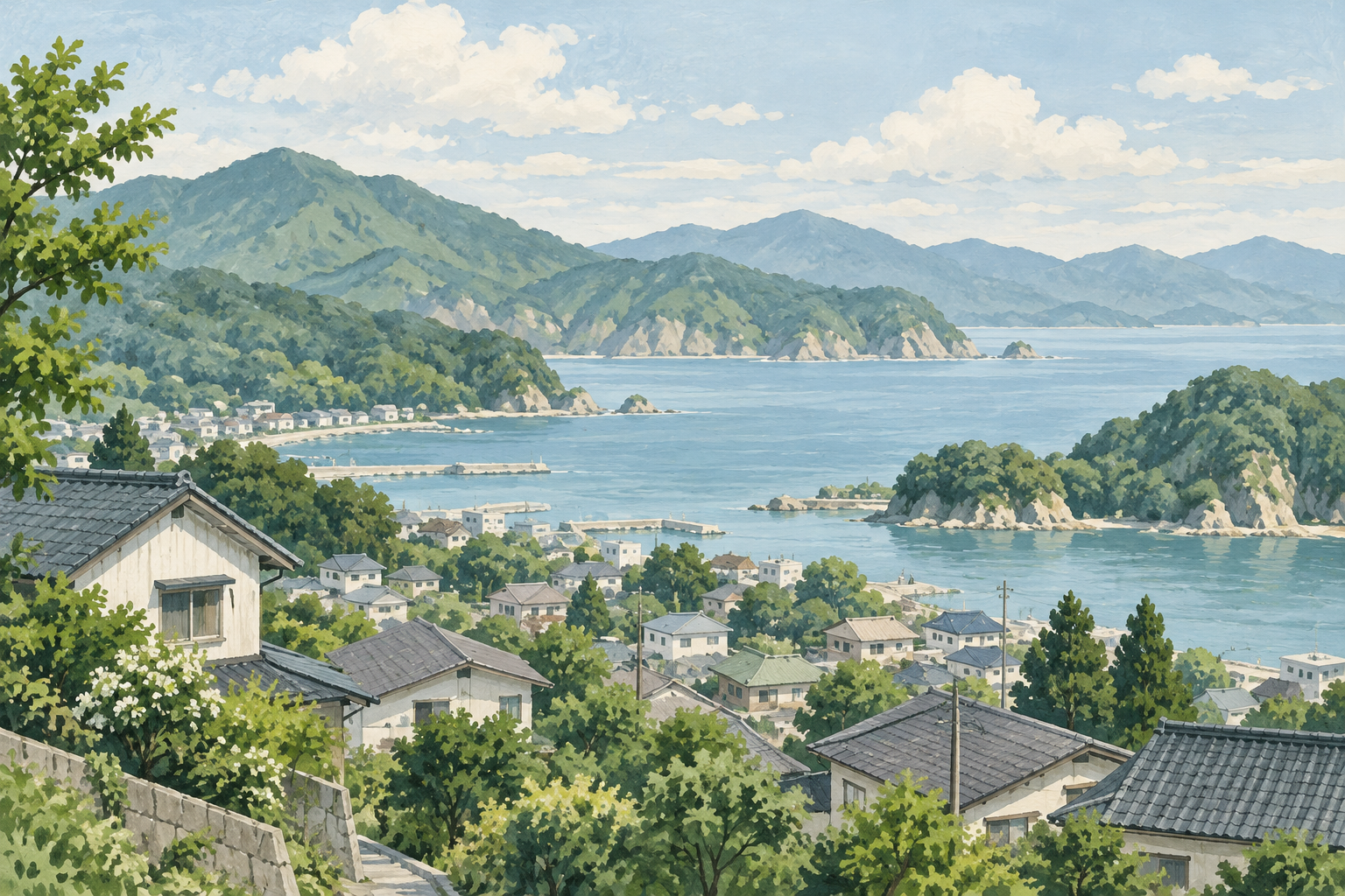 むつ市をイメージした、海と山の間に住宅が広がる風景のイラスト