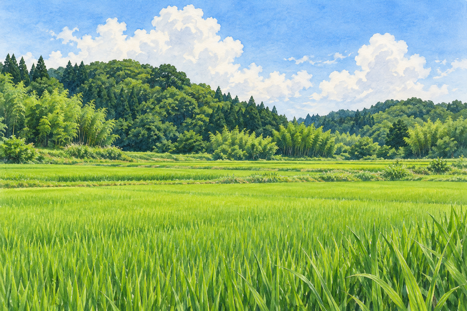 睦沢町の里山をモチーフに、横に広がる明るい緑の田んぼと低い山林、白い雲を描いた初夏の創作イラスト