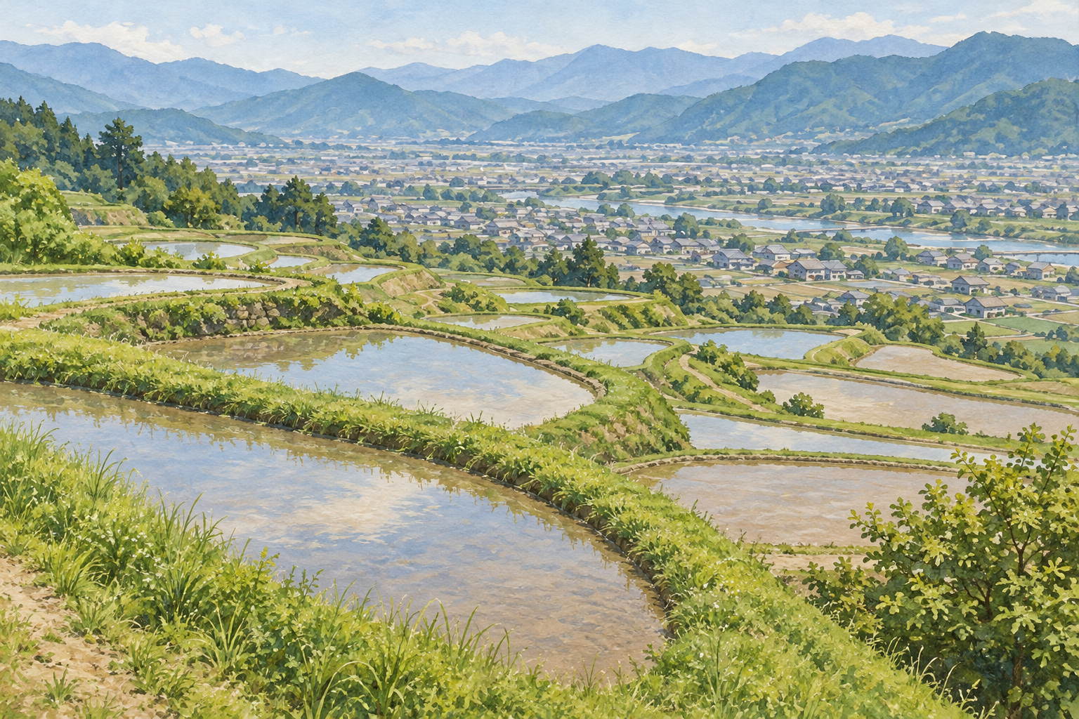 千曲市の姨捨の棚田の写真をモチーフに、水を張った段々の田とあぜ、盆地の家並みと遠い山を別の構図で描く創作イラスト。田や建物・山の形と配置は簡略化を含み、現在の耕作・水位や立入状況を示す写真ではありません