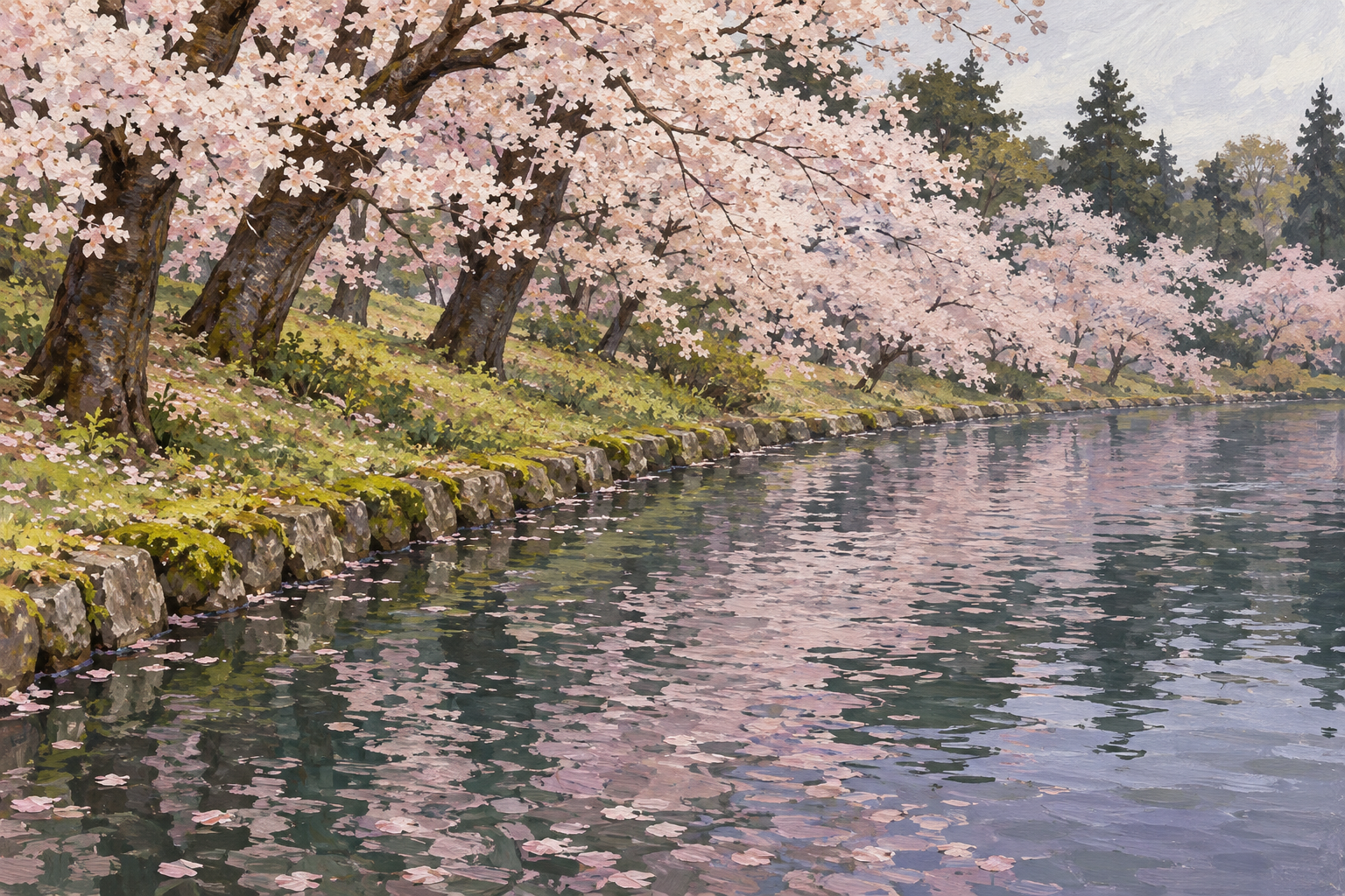 長岡市の悠久山公園をモチーフに、池に映る淡い桜、石縁の岸と緩い斜面の木々を描いた創作イラスト。池岸・樹木・花や配置は創作と簡略化を含み、現在の開花・施設・天候・経路や安全状況を示す写真ではありません