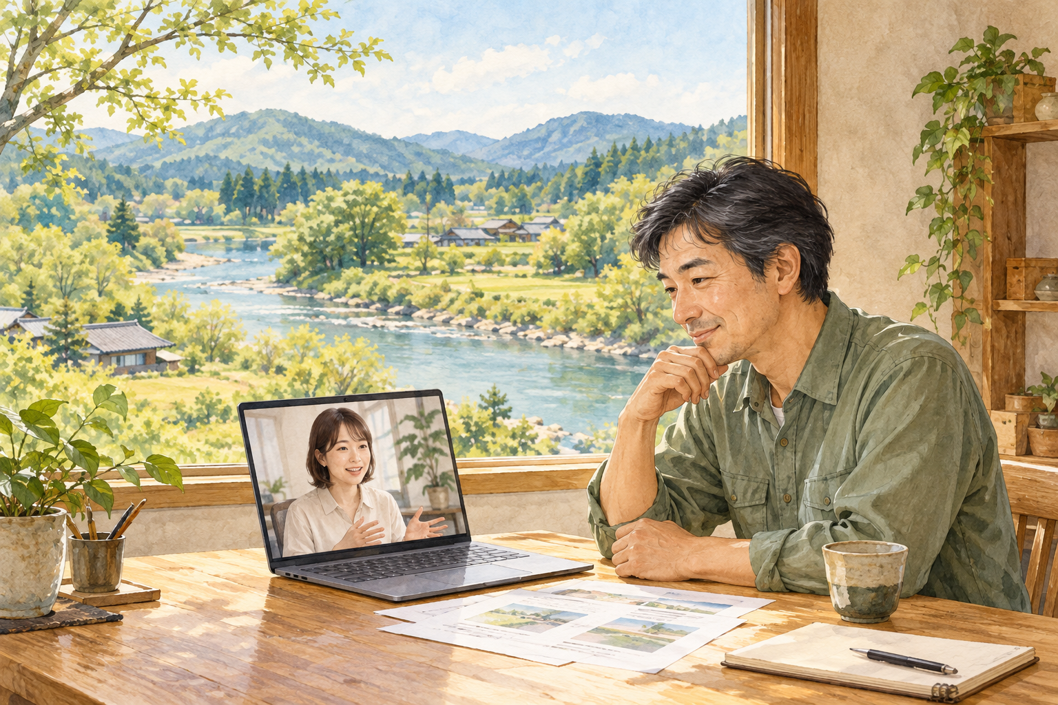 川と里山を思わせる風景が見える仕事場で、事業者がパソコン越しに制作者と相談するイラスト