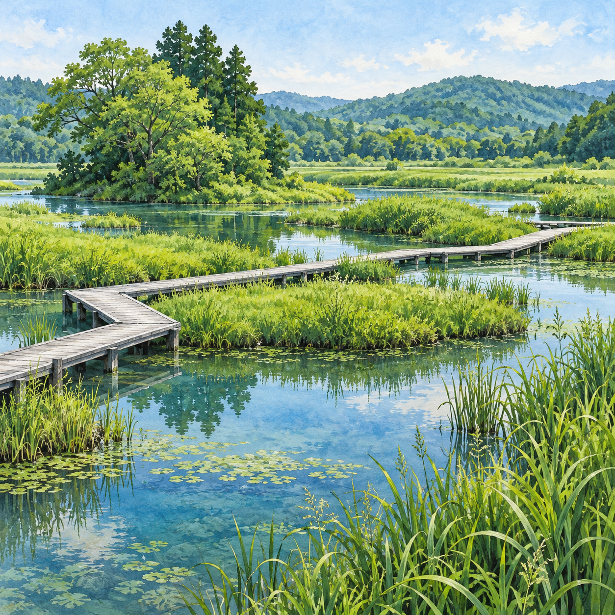 中井町の厳島湿生公園をモチーフに、水面と草地の間をめぐる木道、木々のある小島を描いた創作イラスト。水位や植栽、木道の配置には創作を含み、現在の利用状況や安全を示す写真ではありません