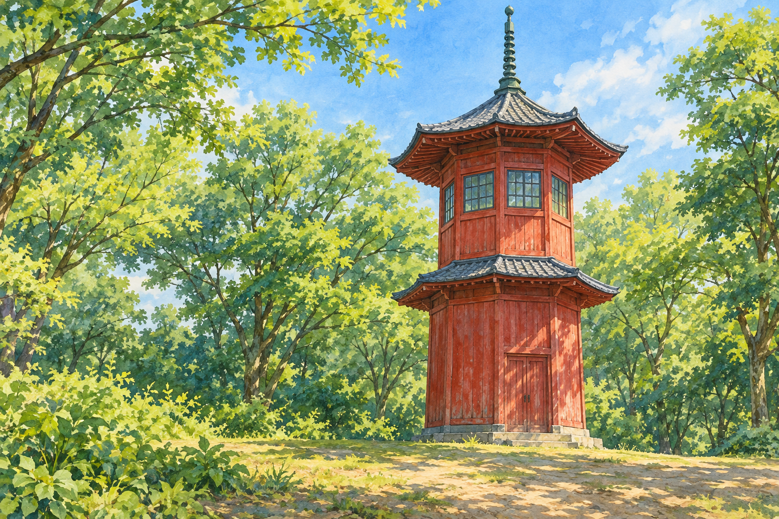 東京都中野区の哲学堂公園の六賢台をモチーフに、赤い塔と緑の木々、木漏れ日のある地面を描いた創作イラスト