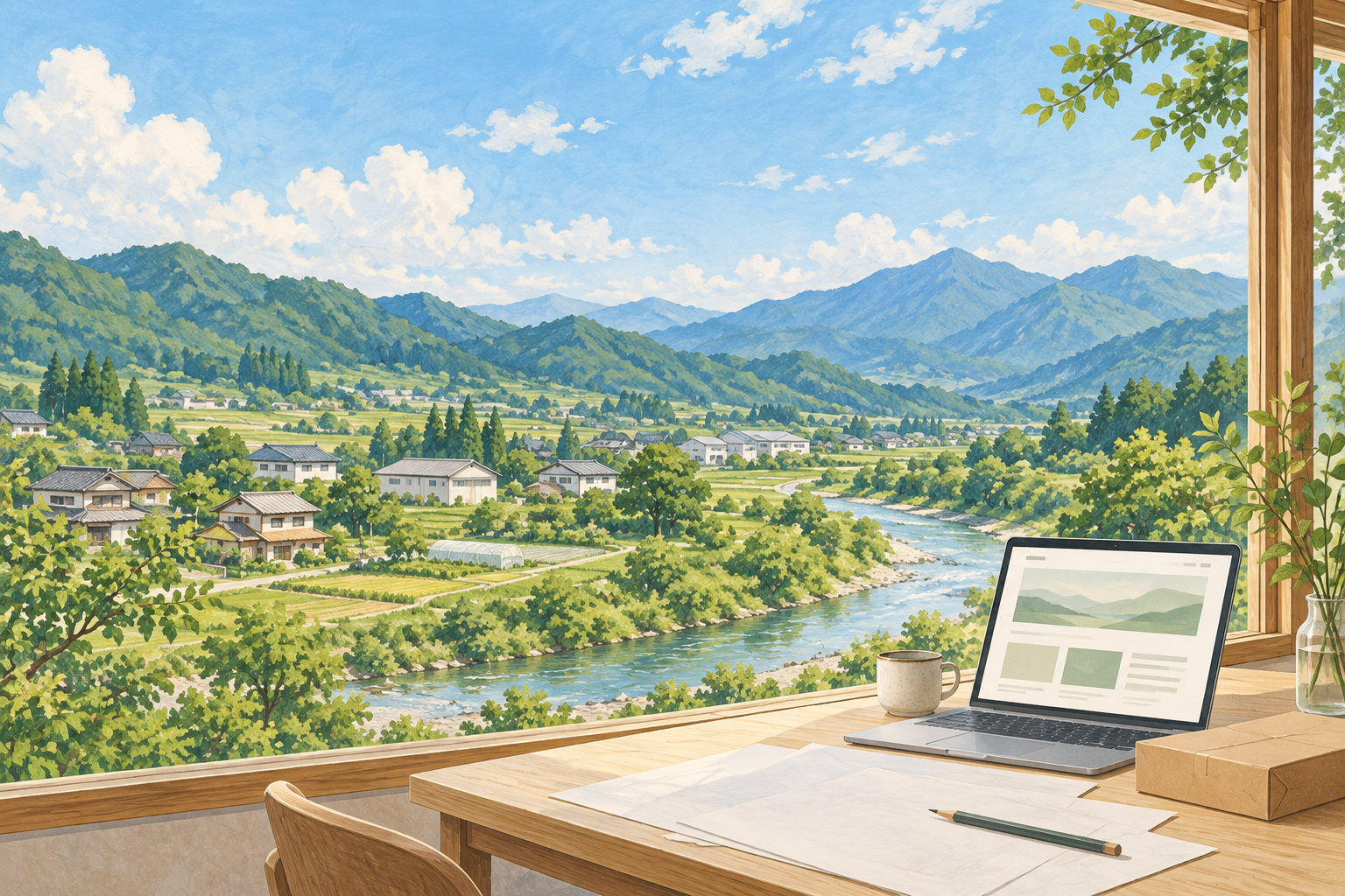 中之条町らしい山すその町並みや川、畑を背景に、パソコンと資料を置いた仕事場を描く創作イラスト。実在の会社・施設や特定の場所の実景、Bämの拠点ではありません。