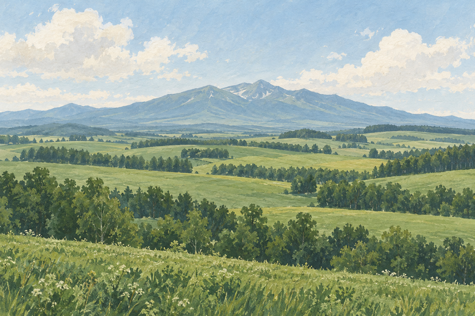 北海道中標津町をイメージした、牧草地と防風林の向こうに山並みが広がるイラスト
