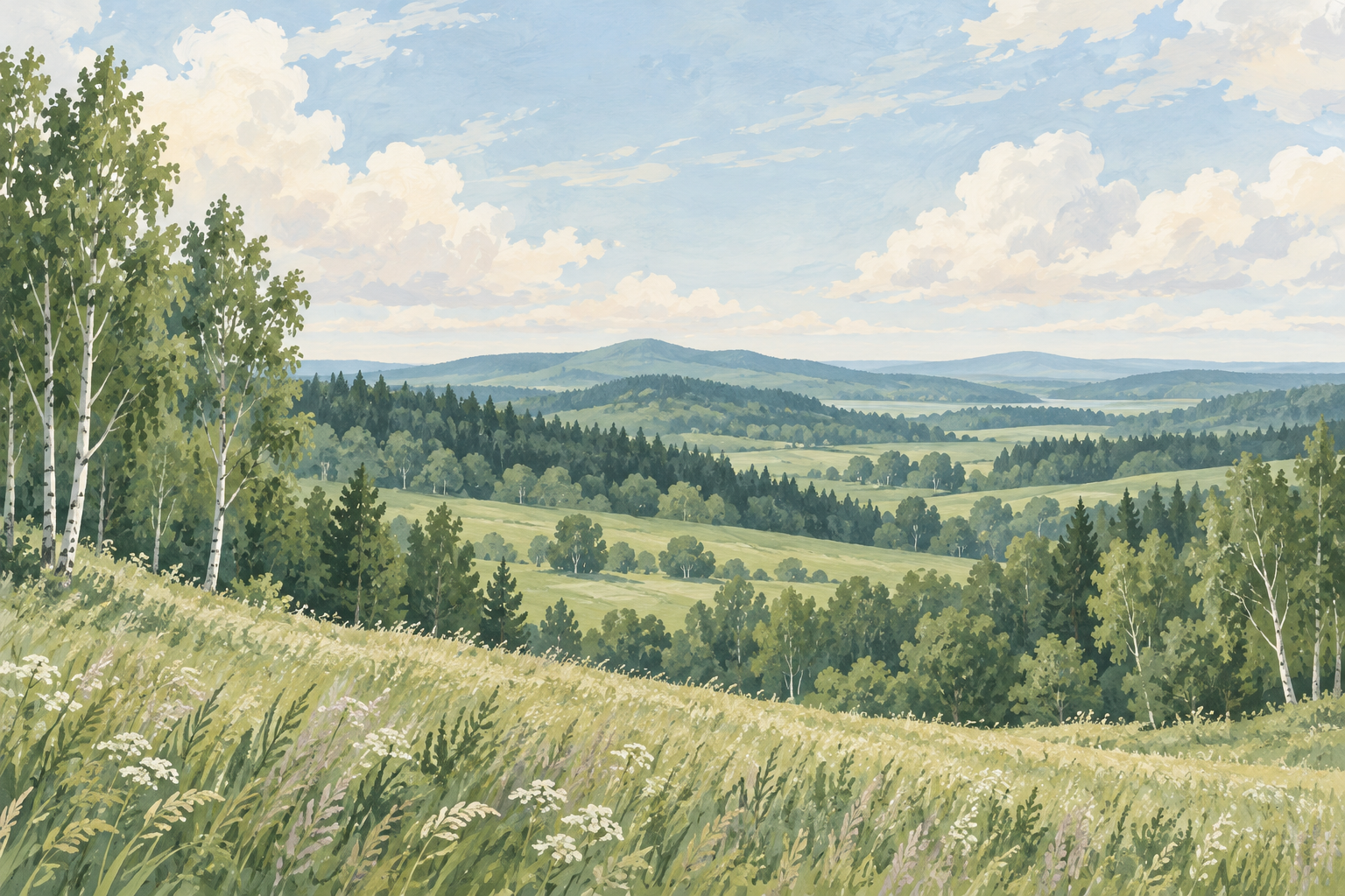 中頓別町をイメージして描いた、緑の丘と木々が広がる風景のイラスト