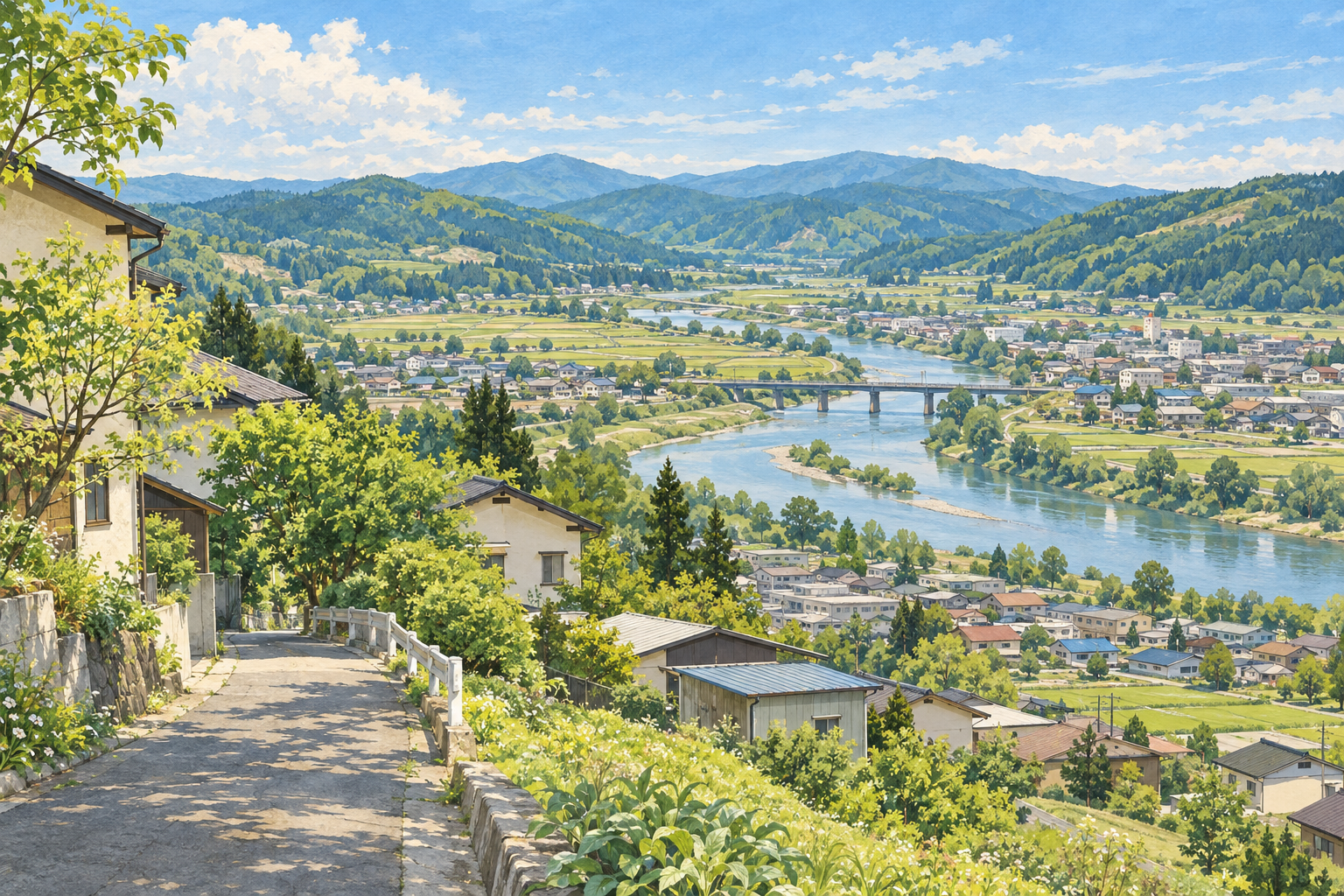 中山町の川沿いの町並み、田畑と遠くの山並みをイメージした創作イラスト。特定地点の実景、実在の企業・施設やBämの拠点を描いたものではありません。