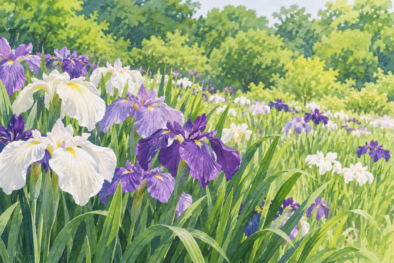 滑川市が紹介する行田公園の花しょうぶの掲載写真をモチーフに、白や紫の花、細い緑の葉と奥の木々を描いた創作イラスト。花や葉・植生・光・配置は創作と簡略化を含み、現在の開花や季節・正確な公園配置・通行・安全を示す写真ではありません