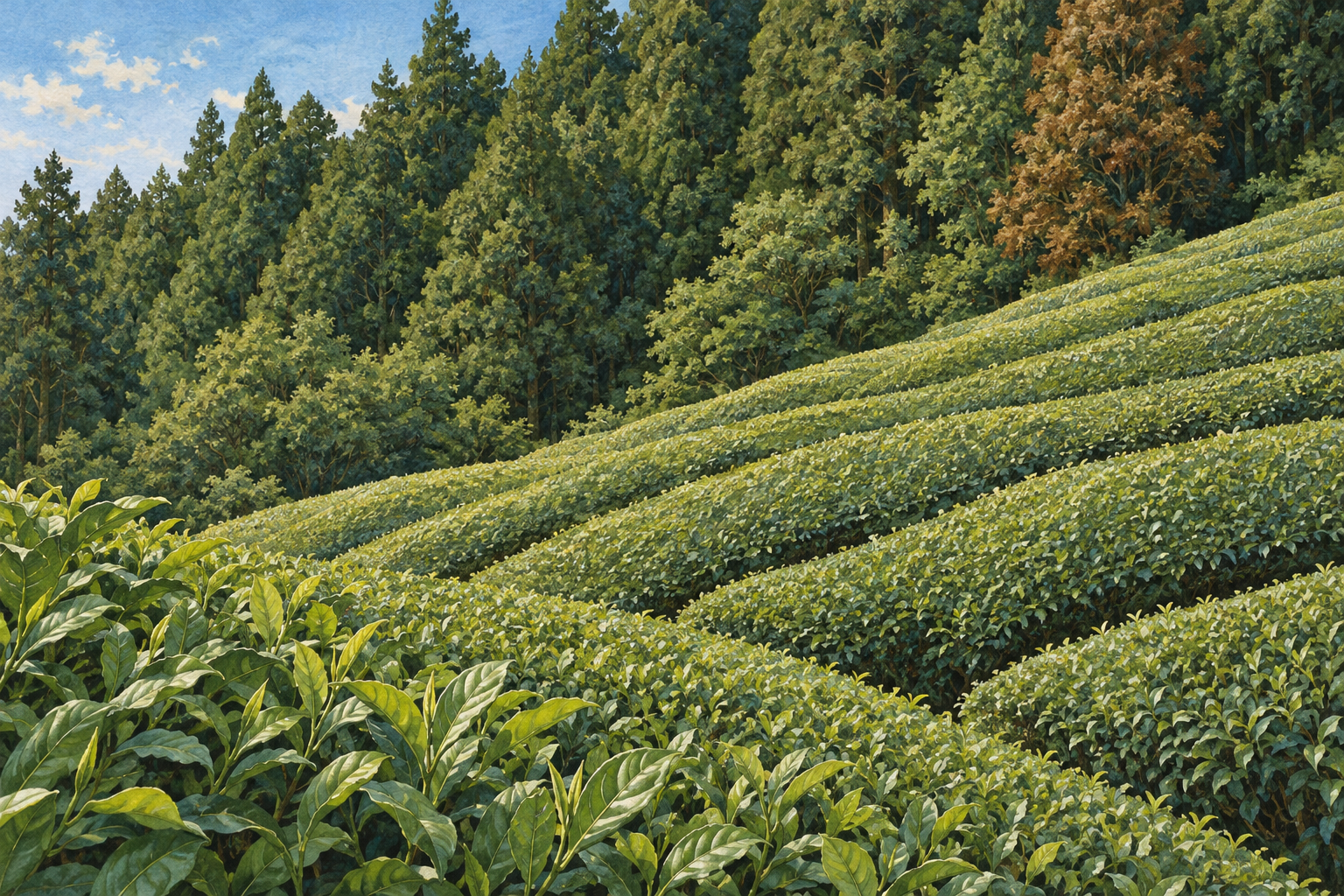 山梨県の南部町まるわ茶園の取材写真をモチーフに、右に上がる斜面の茶の畝、奥に続く杉林と手前の茶葉を別の構図で描く創作イラスト。畑や木の配置は創作と簡略化を含み、正確な地理や現在の栽培・生産状況を示す写真ではありません