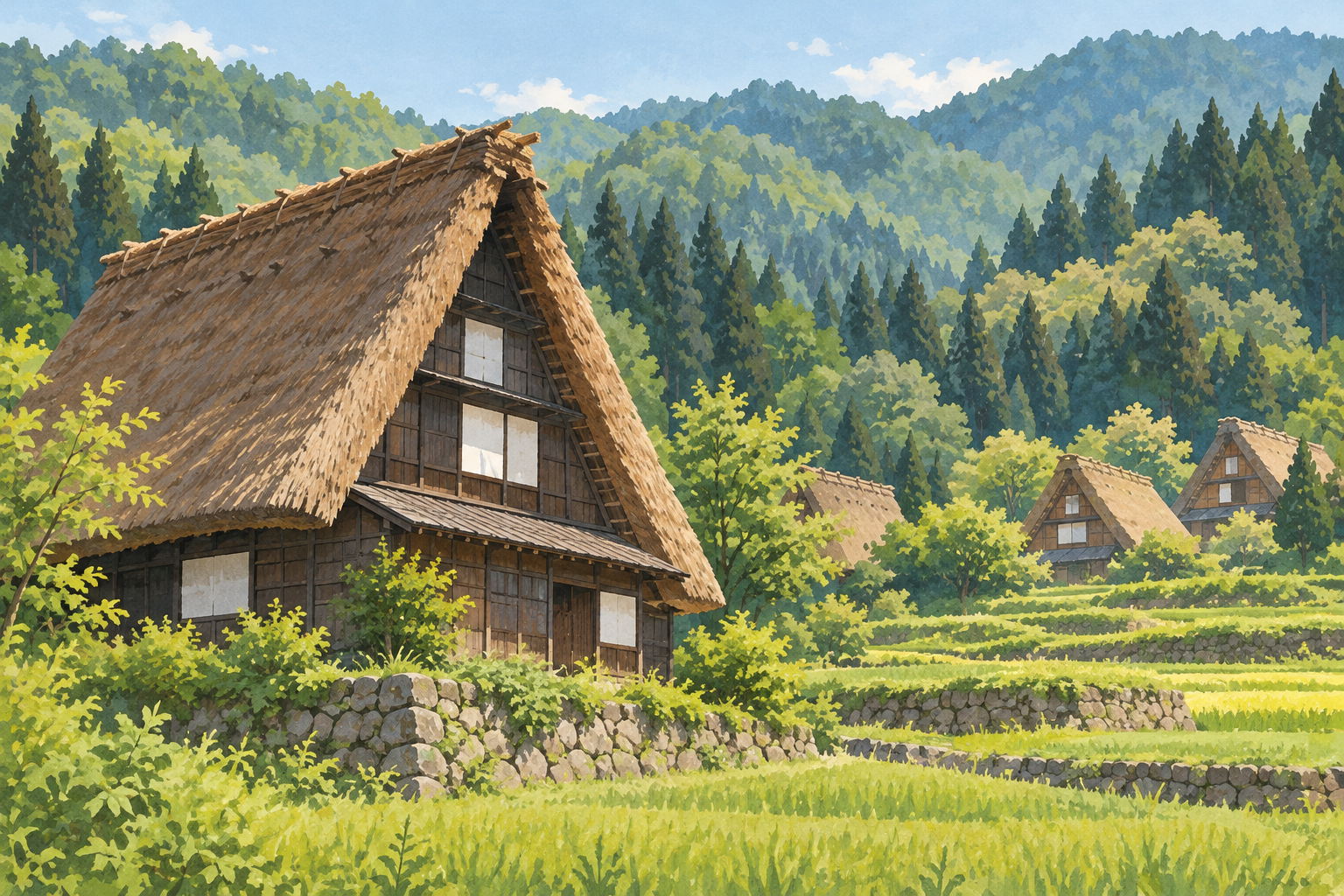 富山県が掲載する南砺市相倉の合掌造り集落の写真をモチーフに、茅葺きの大きな三角屋根と木の家、緑の田畑と山の木々を描いた創作イラスト。家や屋根・田畑・木々・光・配置は創作と簡略化を含み、正確な建築や地形・現在の季節・暮らし・見学・通行・安全を示す写真ではありません