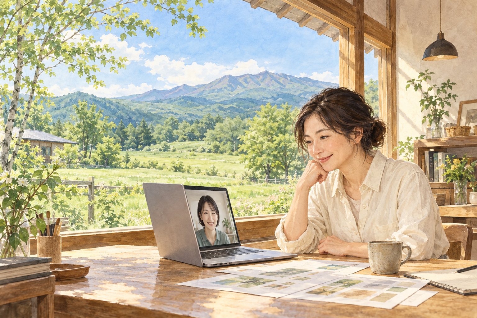 高原を思わせる緑と山並みが見える仕事場で、事業者がパソコン越しに制作者と相談するイラスト