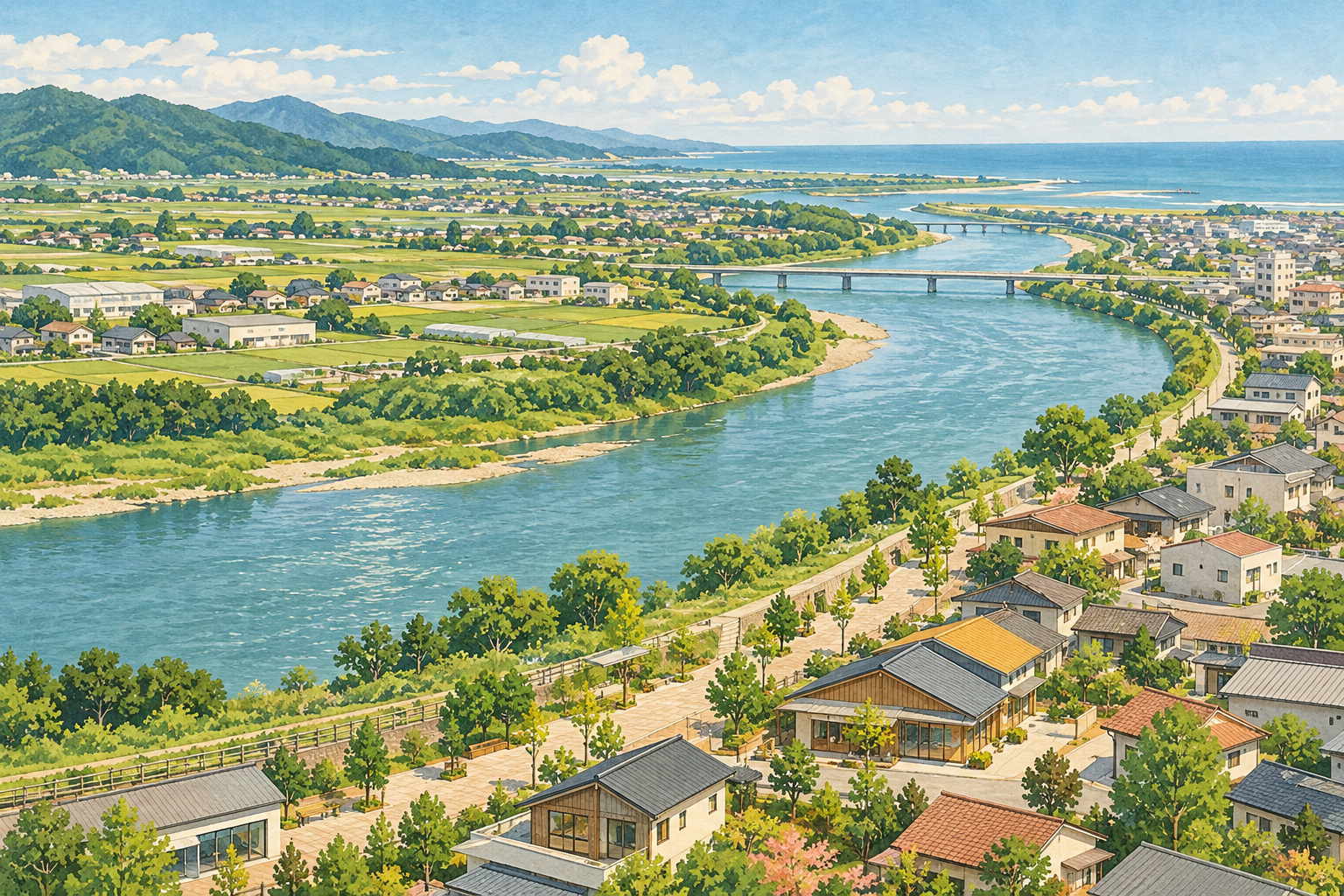 名取の風景をイメージした、広い川沿いの道と低い店舗や住宅、田畑、遠くの海が広がる架空の町のイラスト