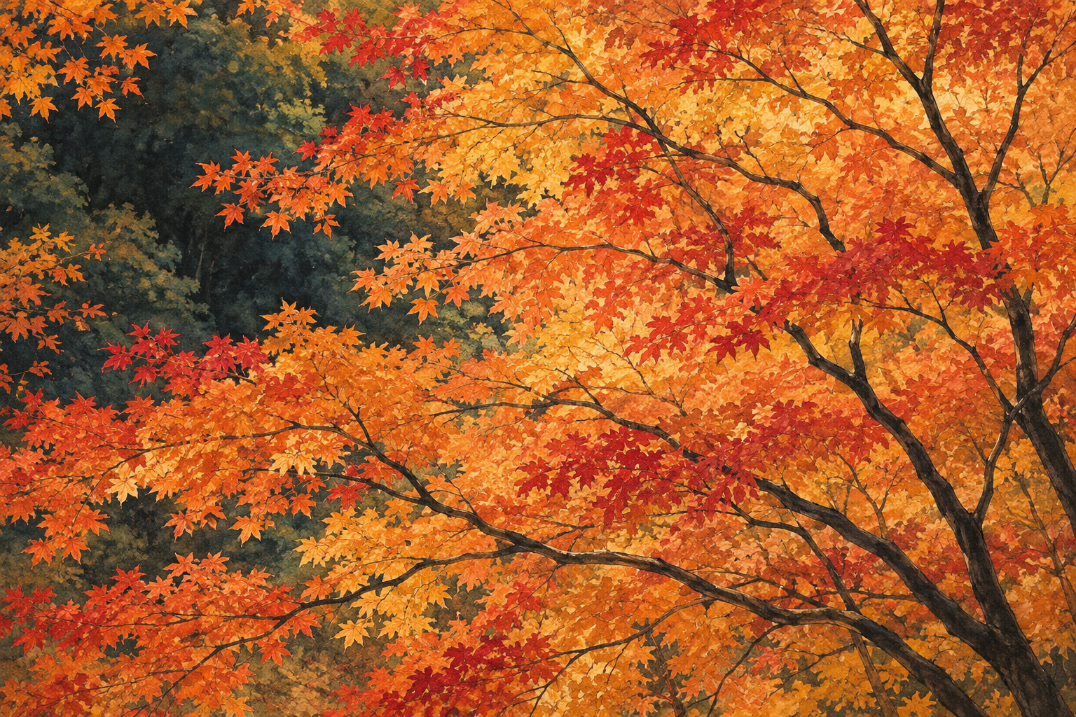 根羽村の渓谷の紅葉を紹介する写真で見えた情景をモチーフに、赤や橙、黄の葉と細い枝を別構図で描いた創作イラスト。木々や葉の形と配置は創作と簡略化を含み、正確な渓谷や場所、現在の紅葉や立入条件を示す写真ではありません