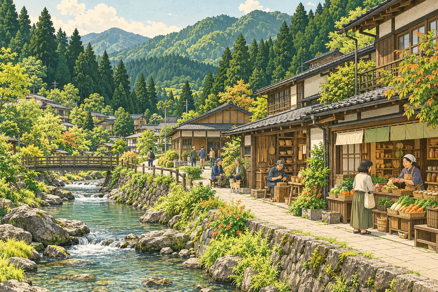 日光市の山並みや杉の木立、木彫の小工房と商店、人々が集まる町をイメージした創作イラスト。実在の大島工房、上澤梅太郎商店、日光公民館の実景や、Bämの拠点ではありません。