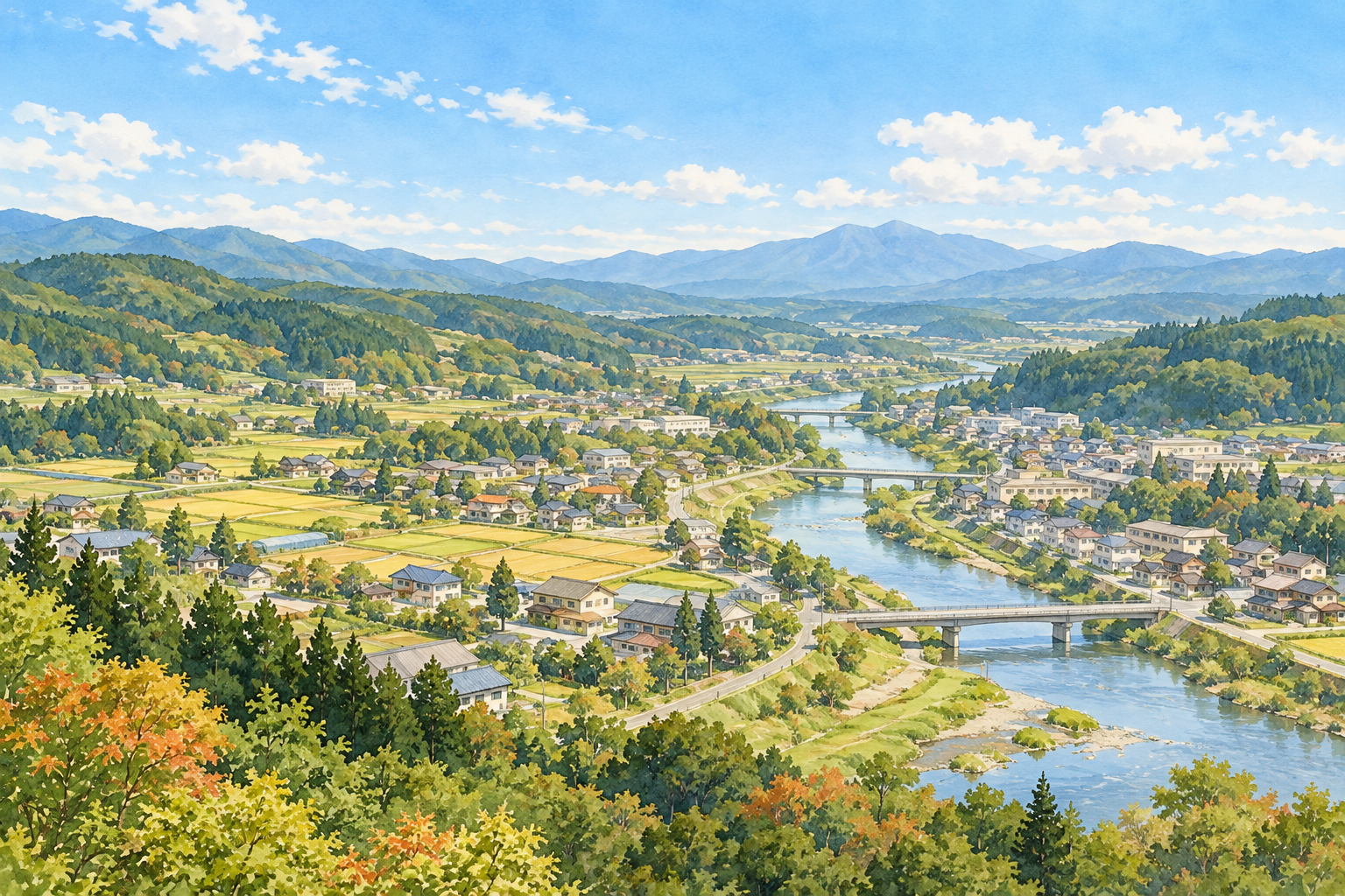 二戸市の内陸の町をイメージした、川と田畑・小さな街・緑の丘陵がある架空の風景のイラスト