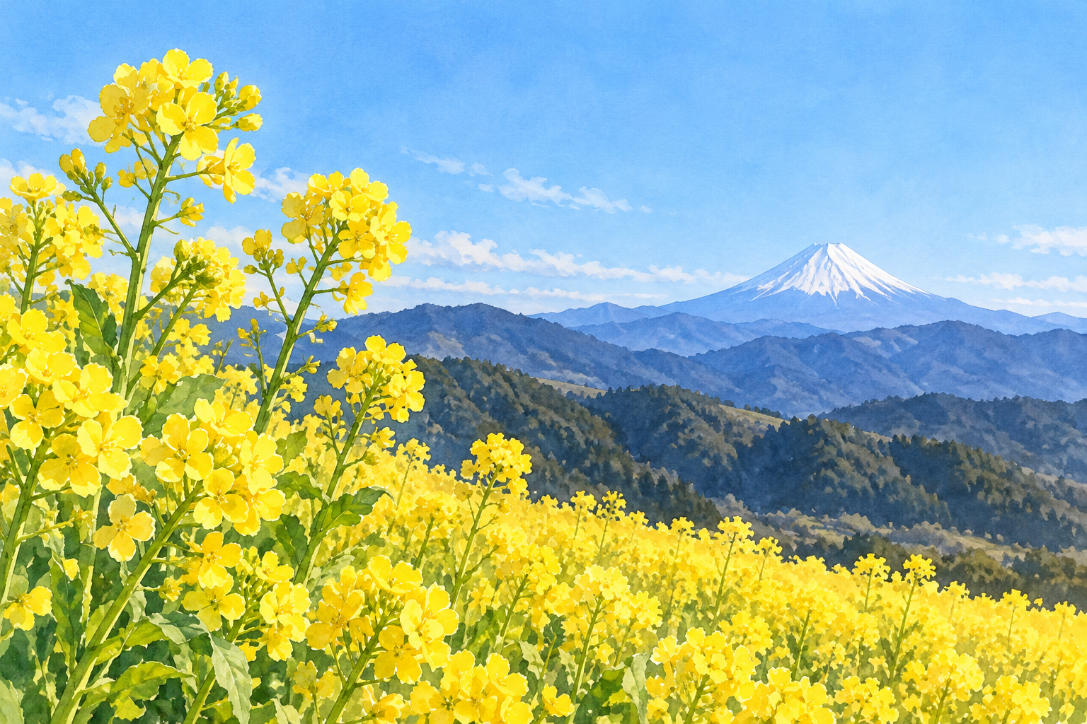 二宮町の吾妻山公園をモチーフに、手前に大きく咲く黄色い菜の花と、山並みの向こうの雪をまとった富士山を描いた創作イラスト。花や山の配置には創作を含み、現在の開花や天候、眺望を示す写真ではありません
