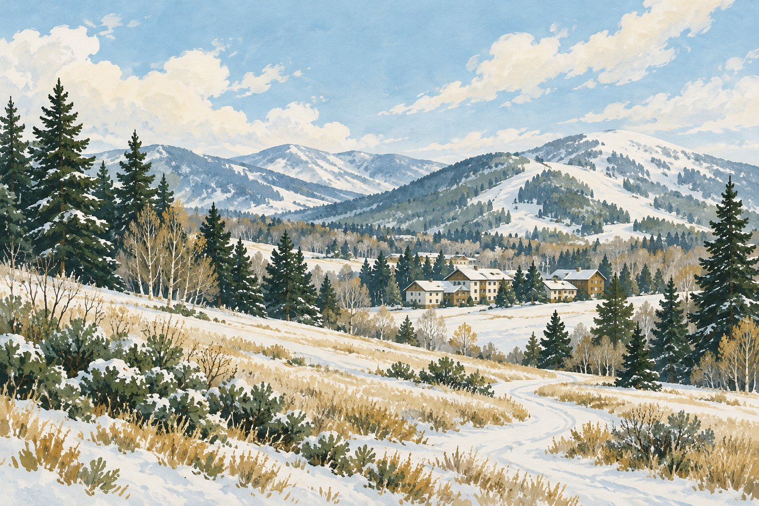 ニセコ町の雰囲気をイメージした、雪の山々と木々、小さな建物のイラスト